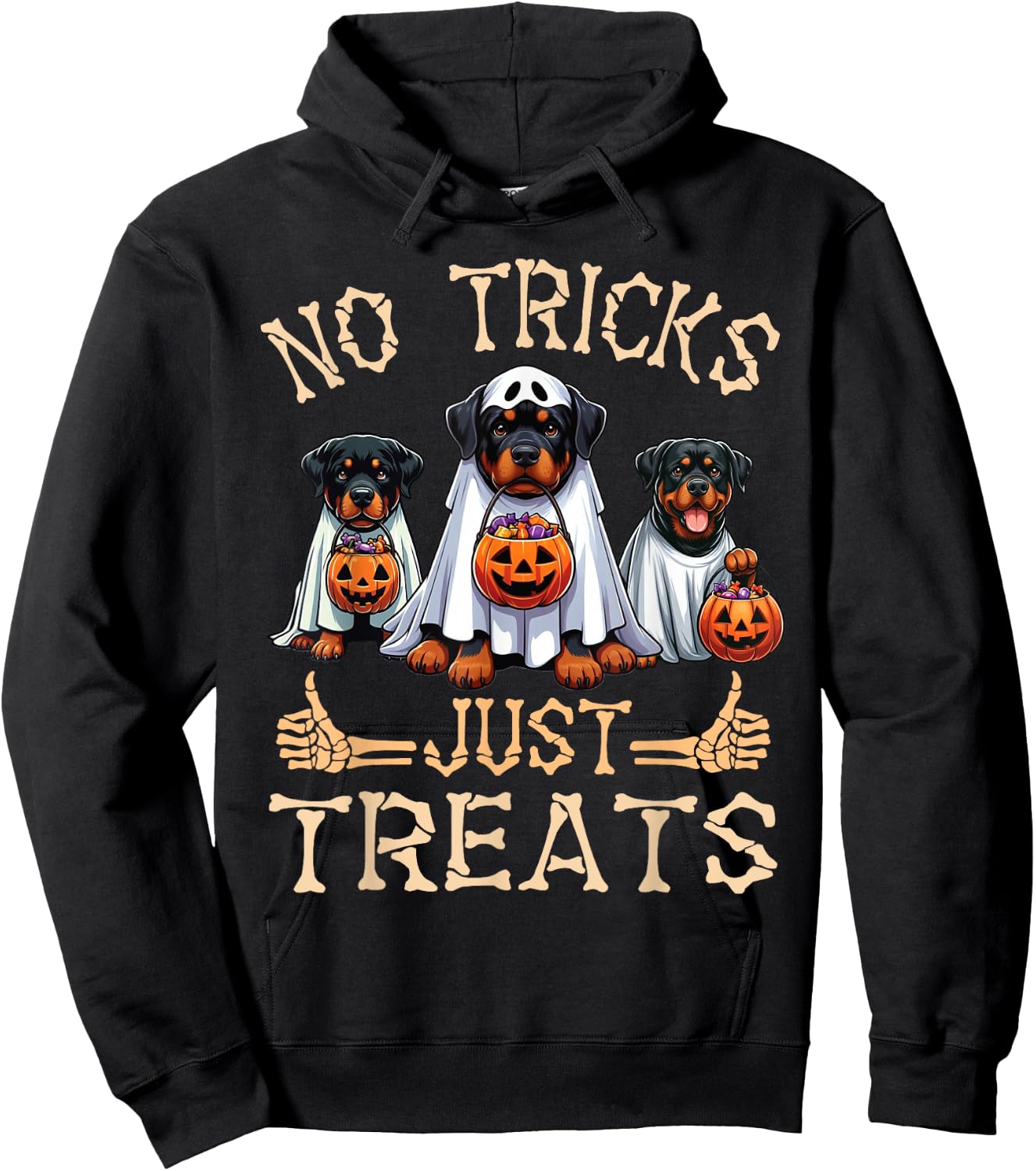 Rottweiler Dog Ghosts Pumpkin Candy No Tricks Just Treats Hoodie - Hoodie | Black