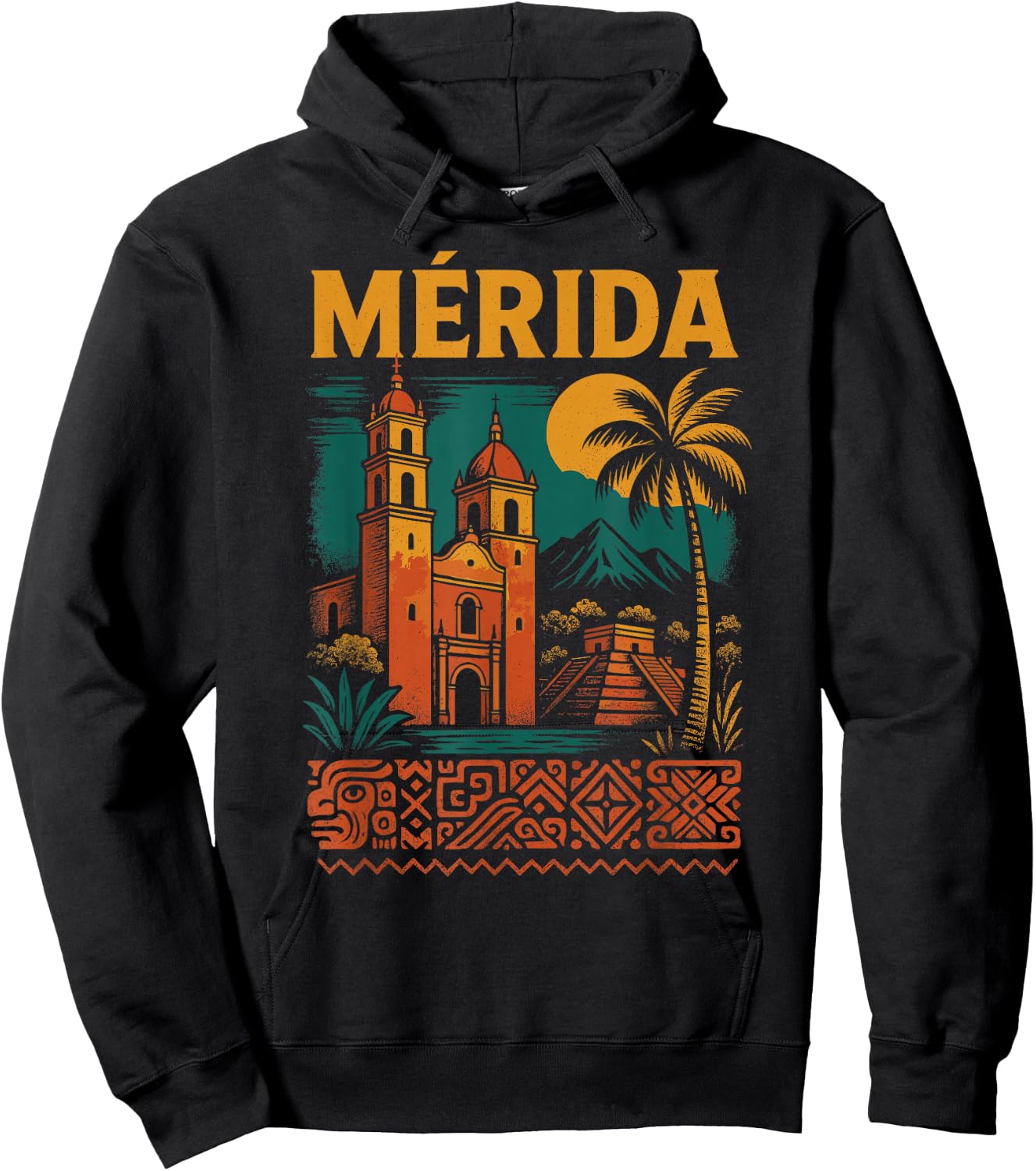 Merida Mexico Retro Yucatan Travel Art Cathedral Mexican Hoodie - Hoodie | Black