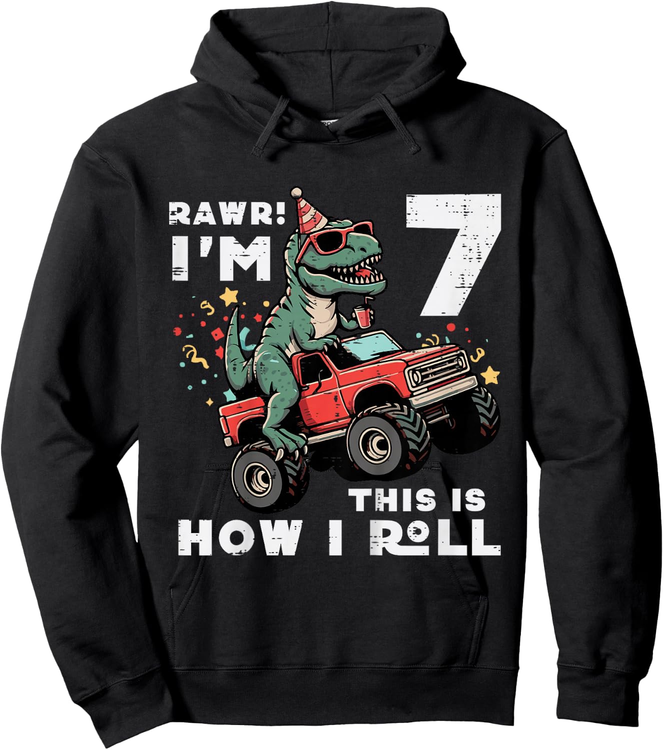Kids Rawr Im 7 Dino This How I Roll 7th Birthday Trex Bday Boys Hoodie - Hoodie | Black