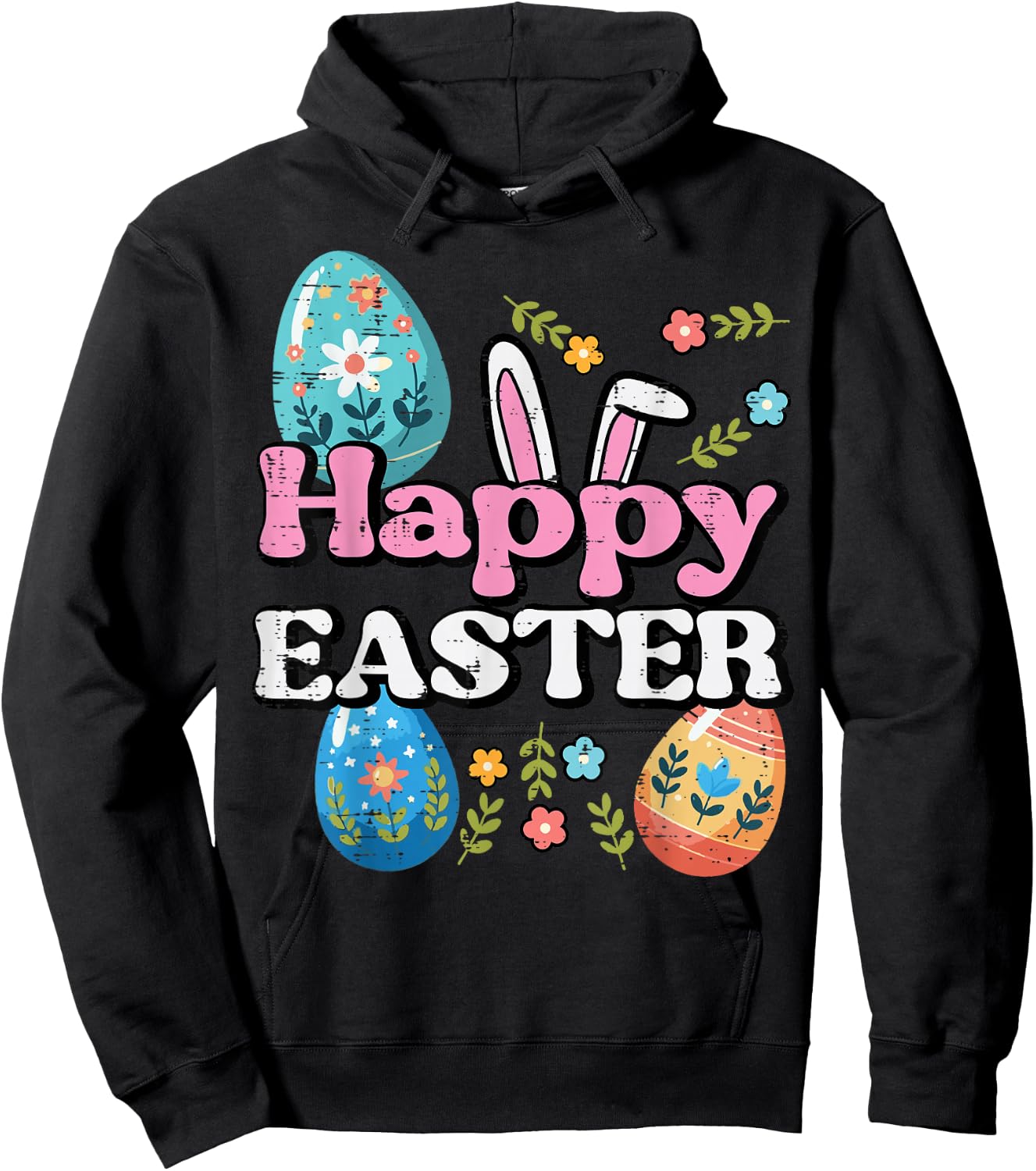 Happy Easter Bunny Ears Eggs Flowers Spring Women Kids Men Hoodie - Hoodie | Black