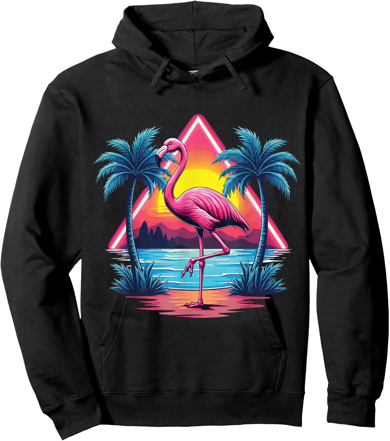 Flamingo Summer Vibes Retro Beach Palm Tree Sunset Flamingo Hoodie - Hoodie | Black