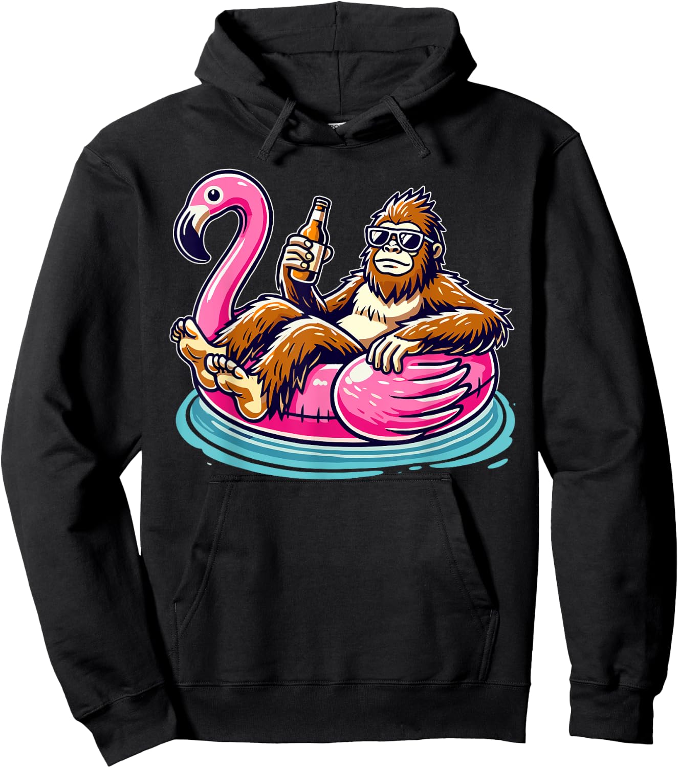 Bigfoot Chilling on Flamingo Float with Beer Fun Summer Vibe Hoodie - Hoodie | Black