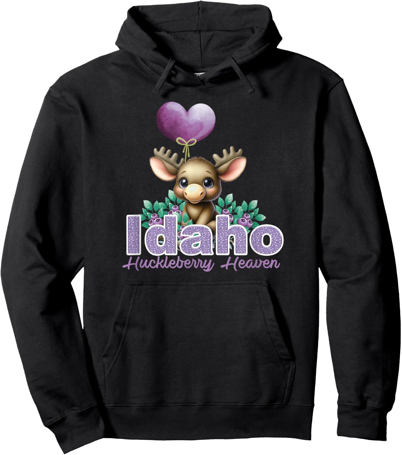 Cute Moose Idaho Huckleberry Heaven Novelty Graphic Souvenir Hoodie - Hoodie | Black