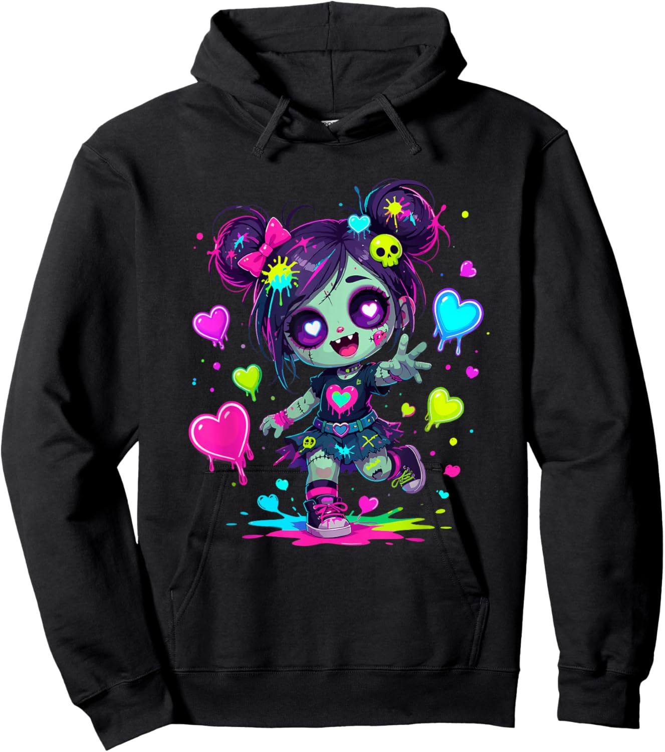Cute Creepy Kawaii Zombie Girl Pastel Hearts Hoodie - Hoodie | Black