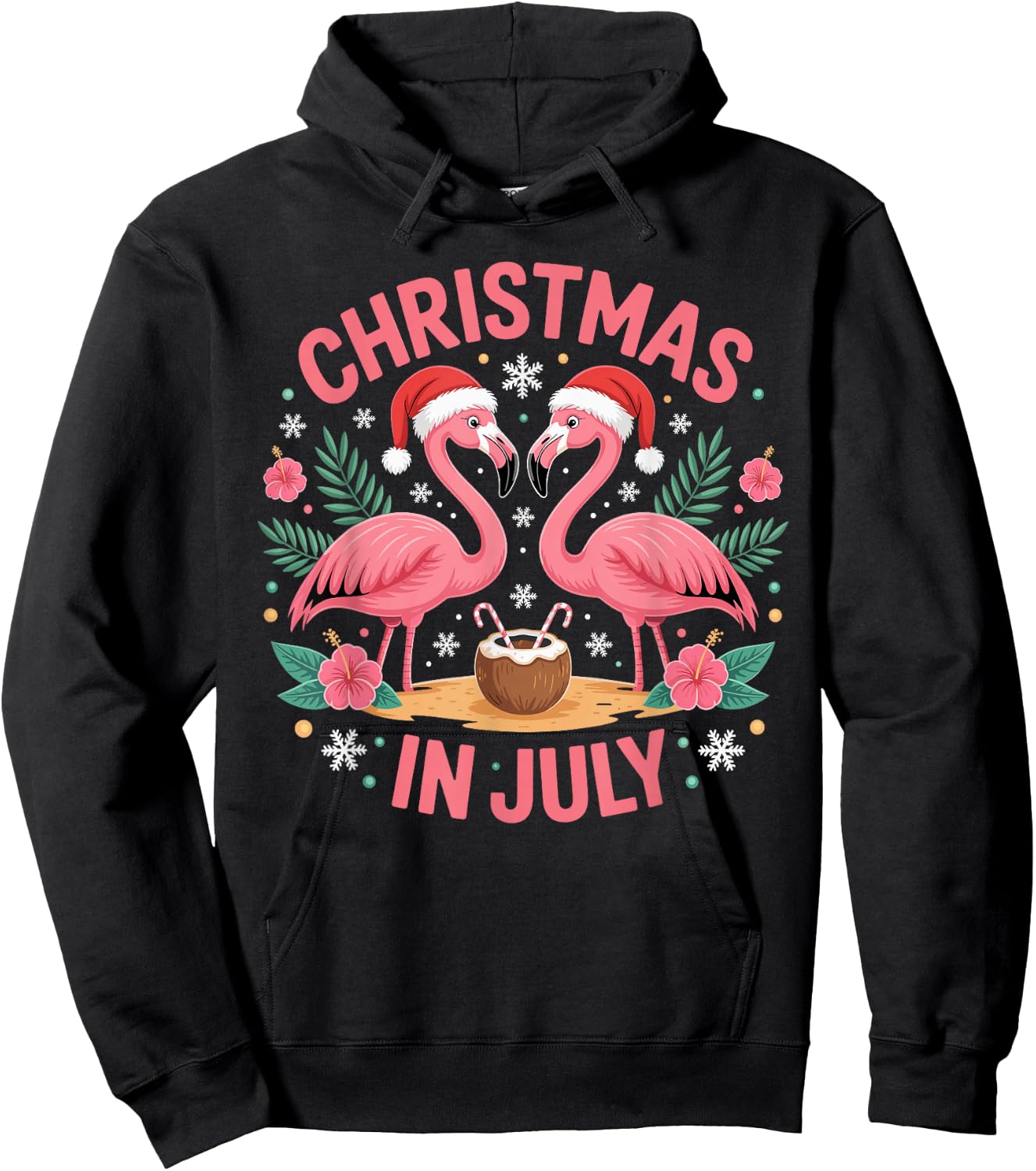 Christmas in July Men Women Flamingo Beach Summer Xmas Hoodie - Hoodie | Black