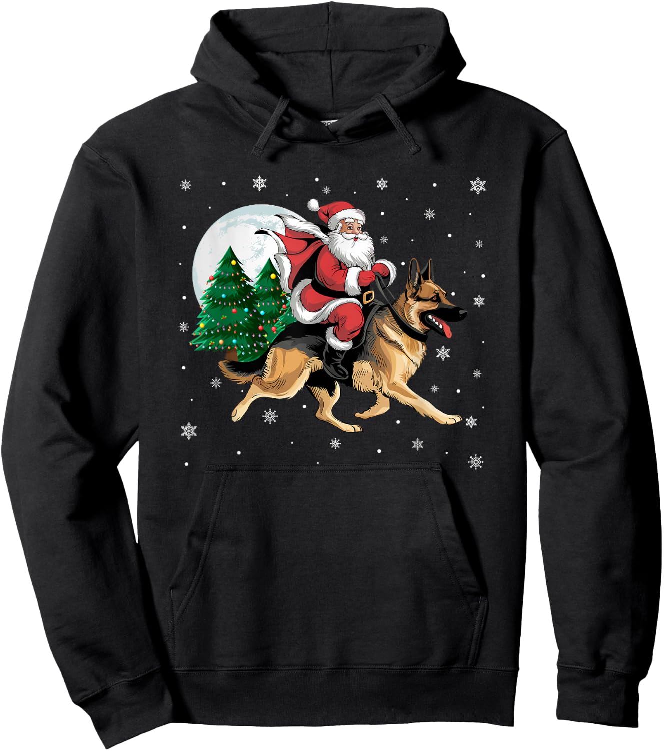 Santa Claus Riding German Shepherd Dog Christmas Tree Lights Hoodie - Hoodie | Black