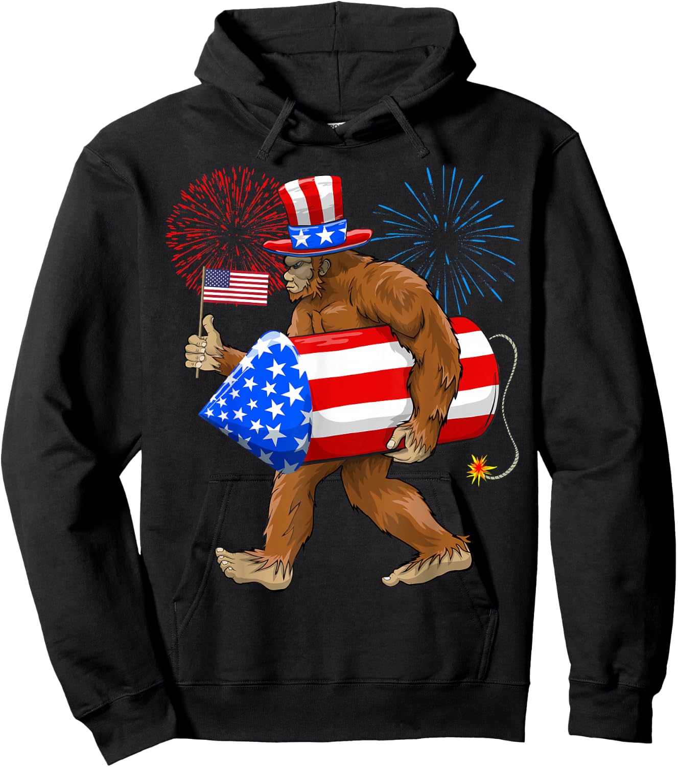 Patriotic Bigfoot, 4th of July, American Flag, Sasquatch Hoodie - Hoodie | Black