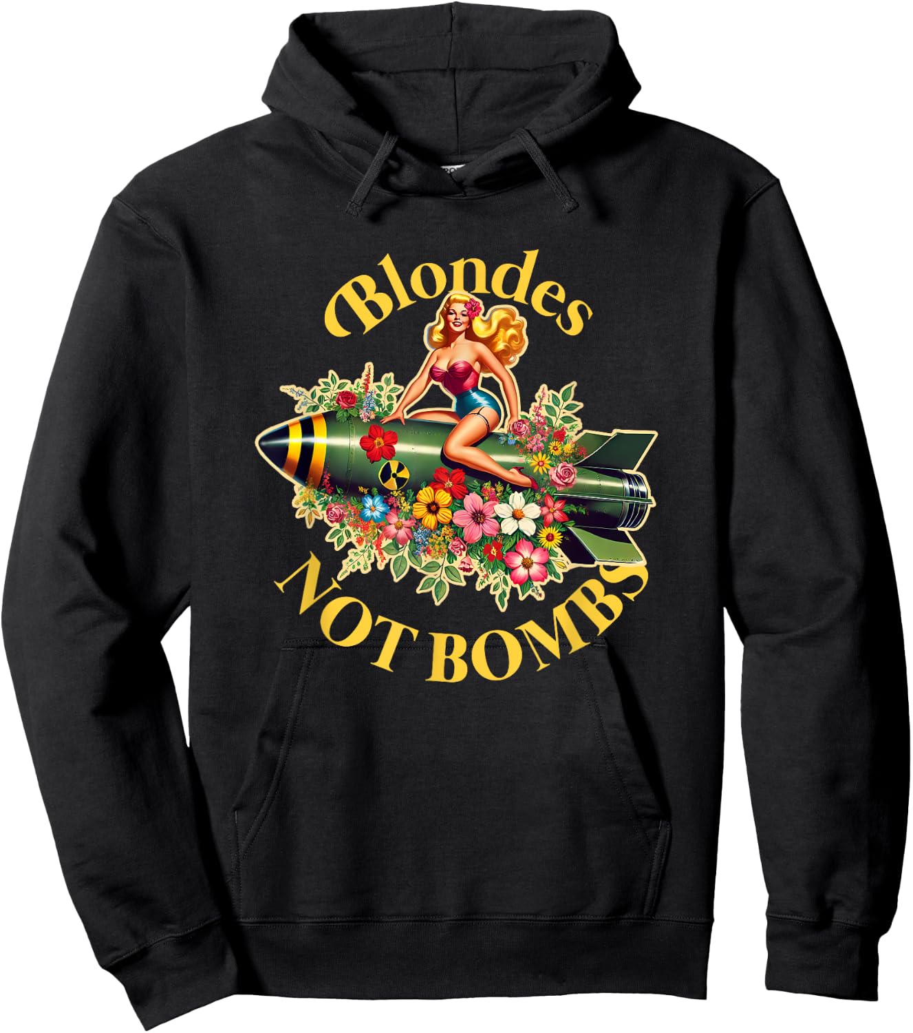 Blondes Not Bombs | Peace Retro Vintage Sexy Pin Up Girl Hoodie - Hoodie | Black