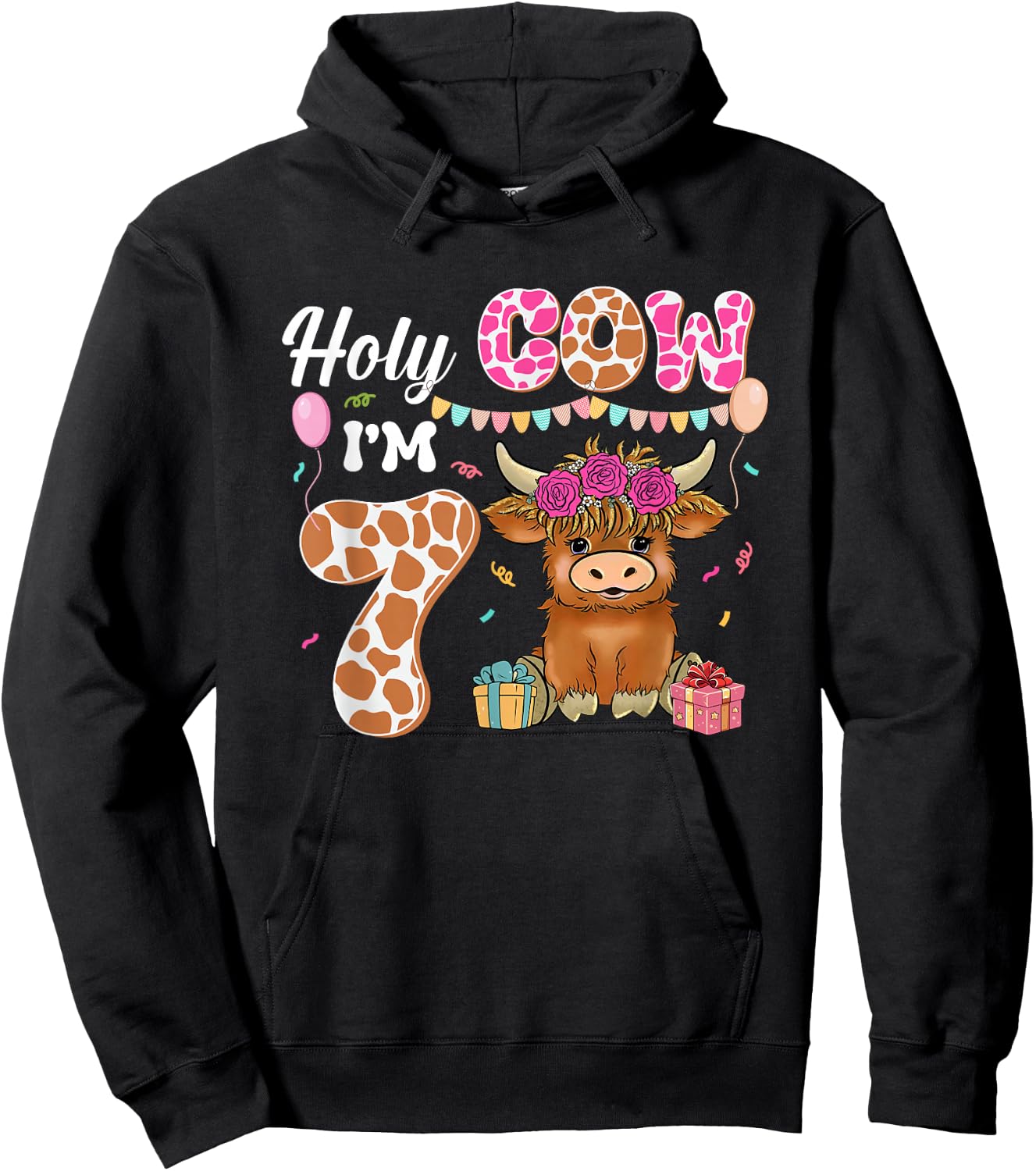 Holy Cow I'm 7 Highland Cow Farming 7th Birthday 7 Years Old Hoodie - Hoodie | Black