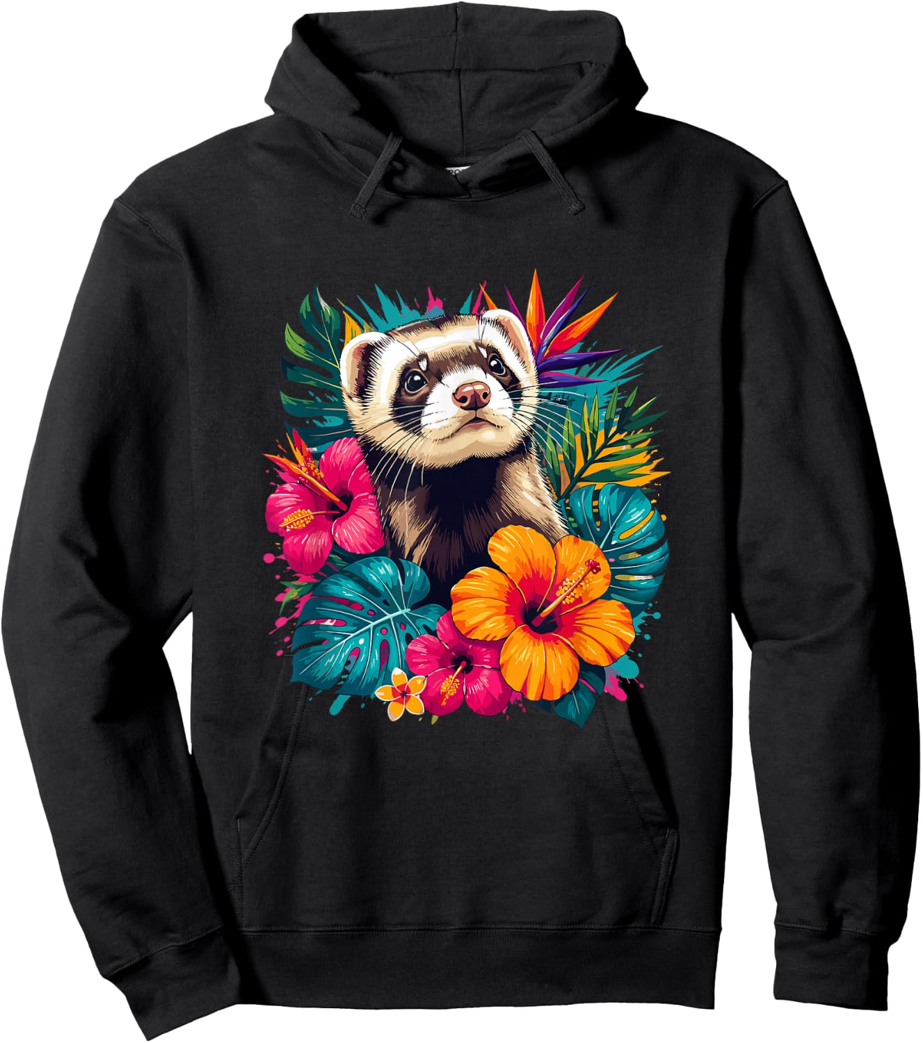 Colorful Ferret in Tropical Hibiscus Flowers Summer Hoodie - Hoodie | Black