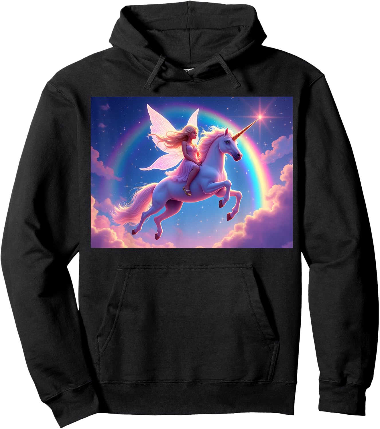 Fairy Riding a Unicorn With Rainbow and Stars Background Hoodie - Hoodie | Black