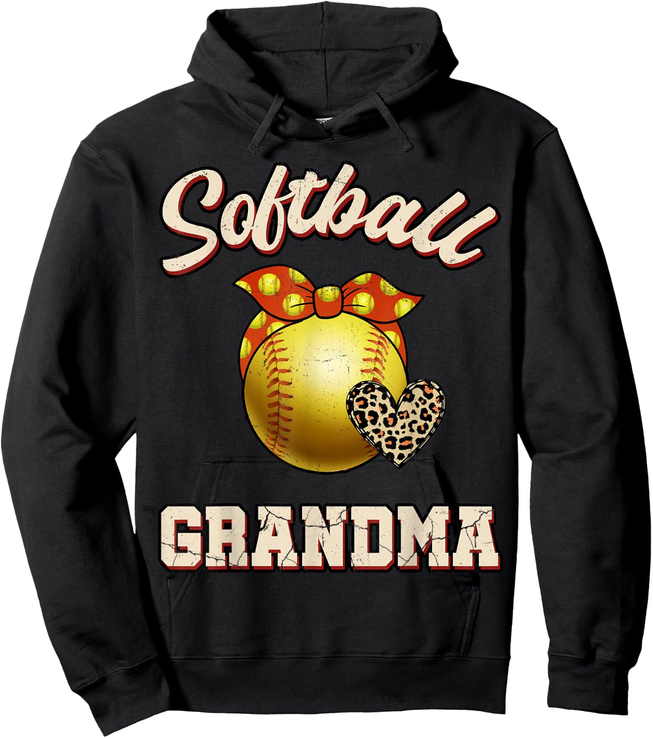 Softball Grandma Leopard Heart Fans Mother's Day Gift Hoodie - Hoodie | Black