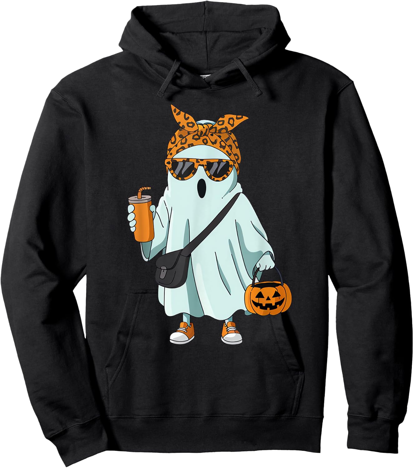 Halloween Ghost Coffee Cute Ghost Drinking Coffee Leopard Hoodie - Hoodie | Black