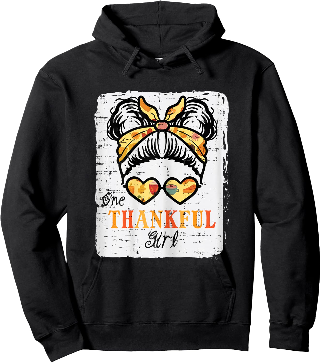 Thanksgiving One Thankful Girl Messy Bun Kids Toddler Youth Hoodie - Hoodie | Black