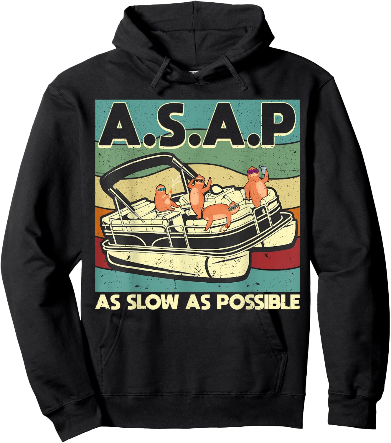 ASAP As Slow As Possible Retro Sloth Pontoon Boat Captain Hoodie - Hoodie | Black