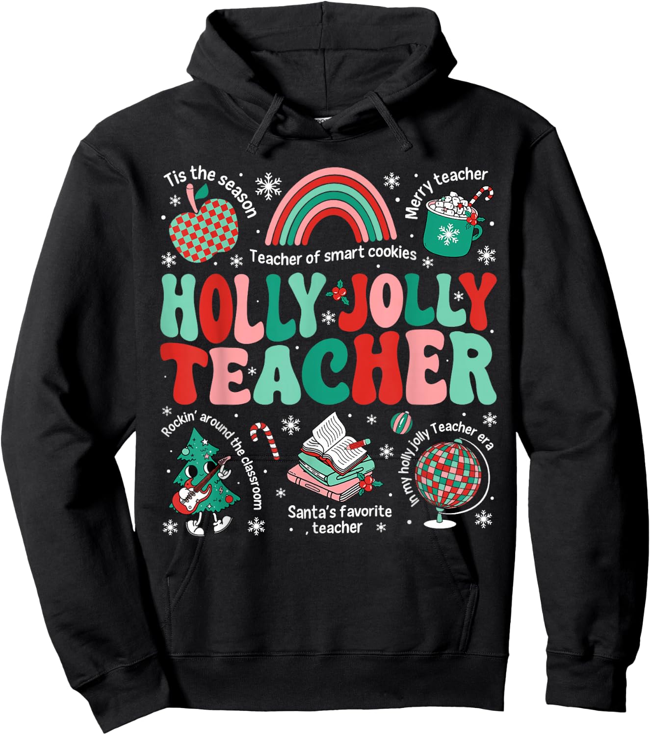 Holly Xmas Jolly Teacher Christmas Vibes Rainbow Xmas Tree Hoodie - Hoodie | Black