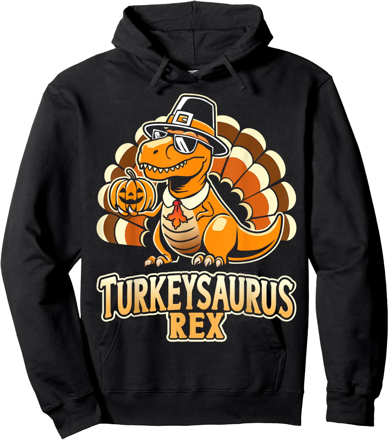 Funny turkeysaurus rex with dinosaur - -Adults, Kids - Black - Short Sleeve - - Cartoon Dinosaur - Thanksgiving Enthusiasts, Humor Lovers Hoodie - Hoodie | Black
