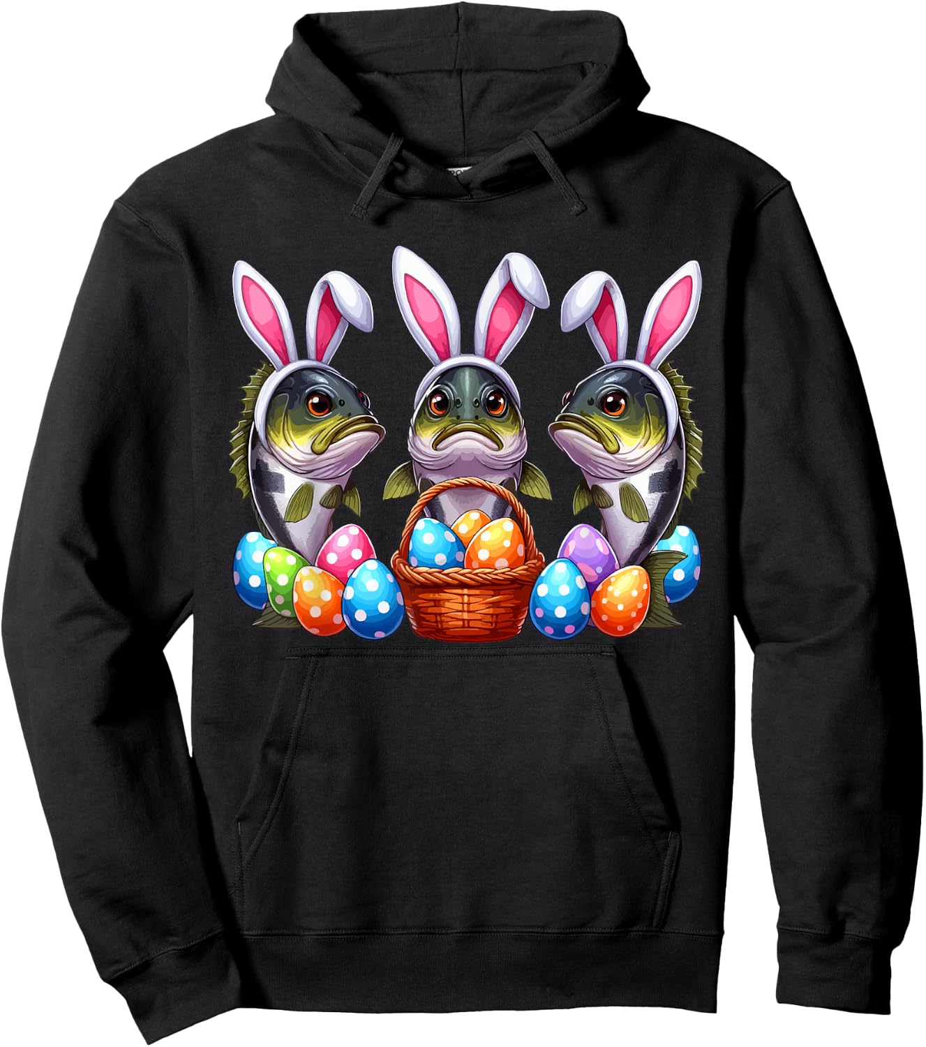 Three Easter Bunny Bass Fishes Hunting Eggs Basket Colorful Hoodie - Hoodie | Black