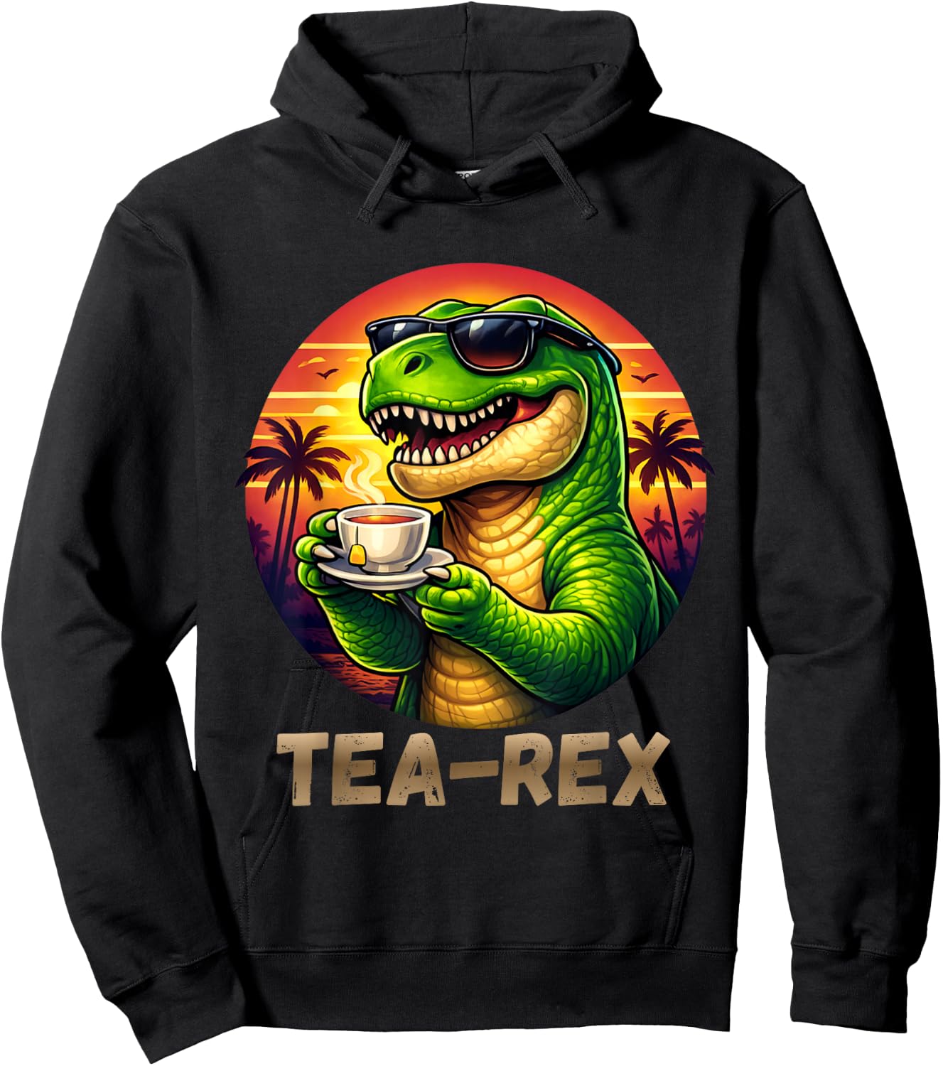 Tea Rex Funny Dinosaur Tropical Sunset Hoodie - Hoodie | Black