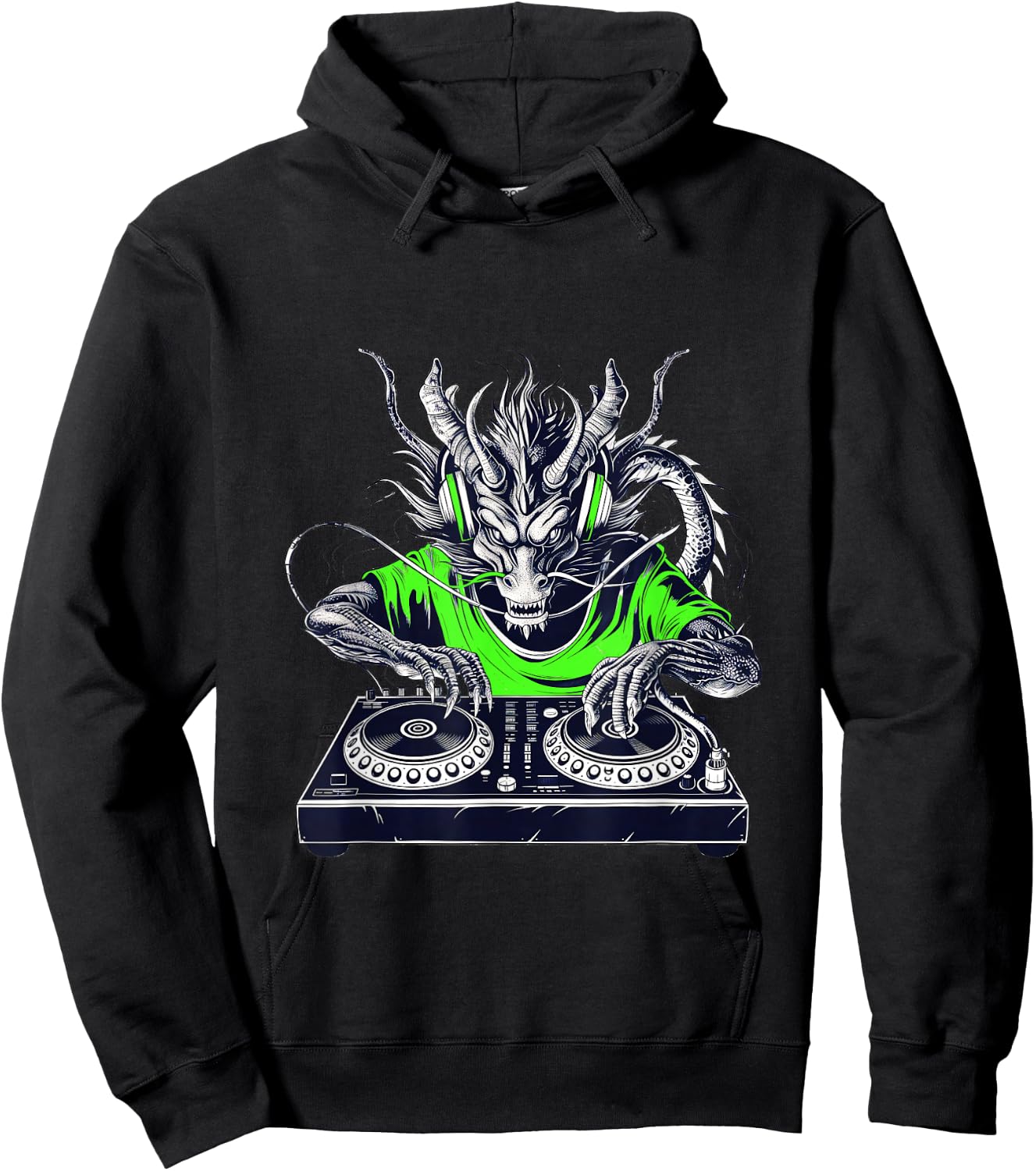Retro vintage Rave music Festival cool dragon DJ lime green Hoodie - Hoodie | Black