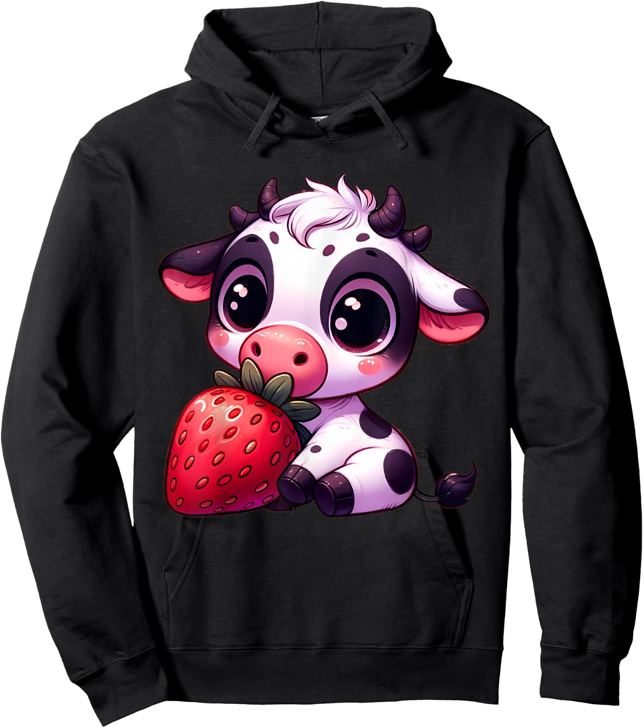 Cute Cow Eating Strawberry Kawaii Farm Animal Men Women Kids Hoodie - Hoodie | Black