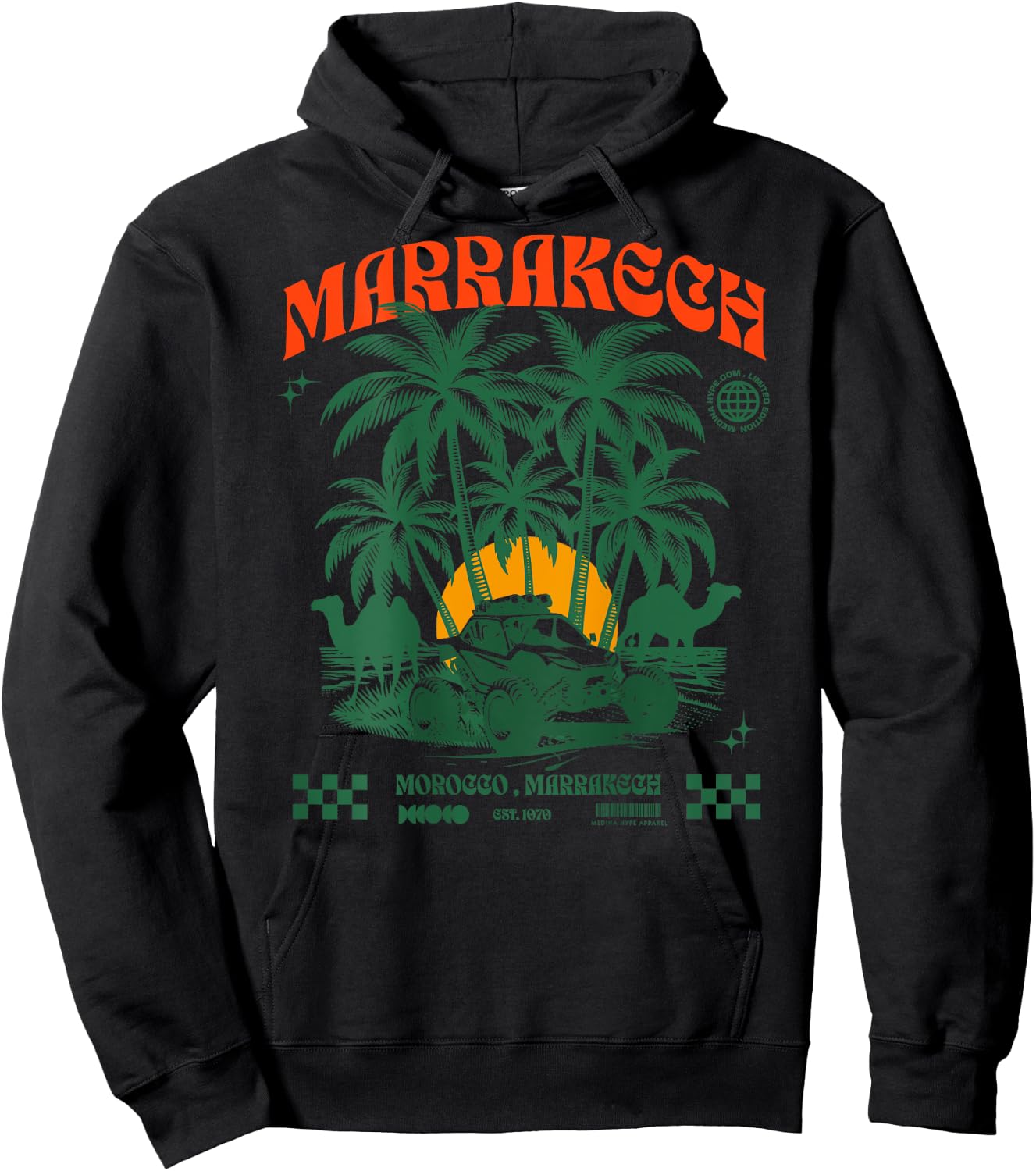 Marrakech Sunset Palm Trees Camel Morocco Lovers Hoodie - Hoodie | Black