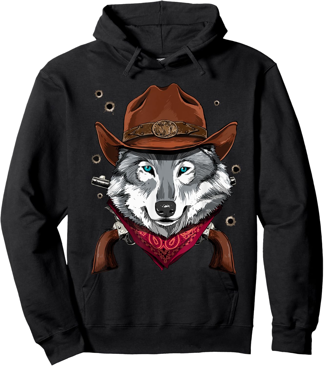 Cowboy Wolf Western Rodeo Cowboy Hat and Bandana Hoodie - Hoodie | Black