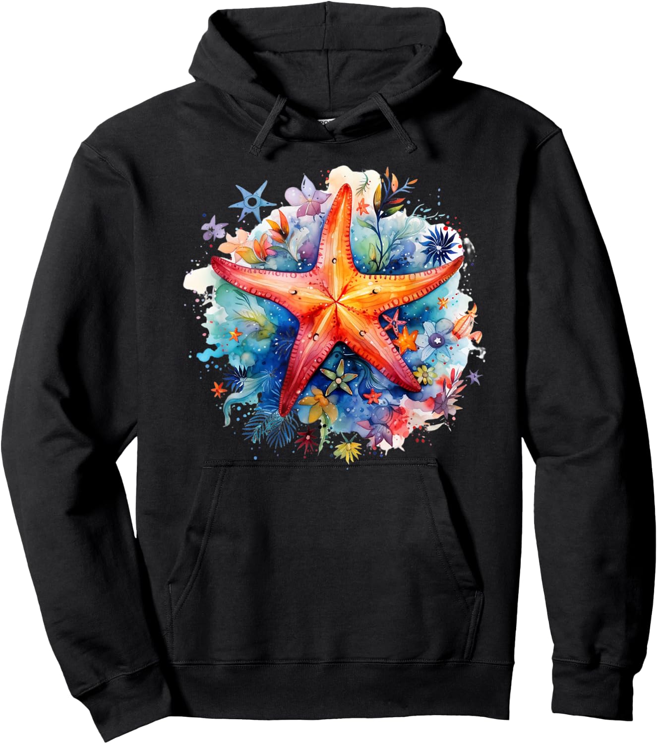 Ocean Themed Beach Vacation Graphic Sea Watercolor Starfish Hoodie - Hoodie | Black