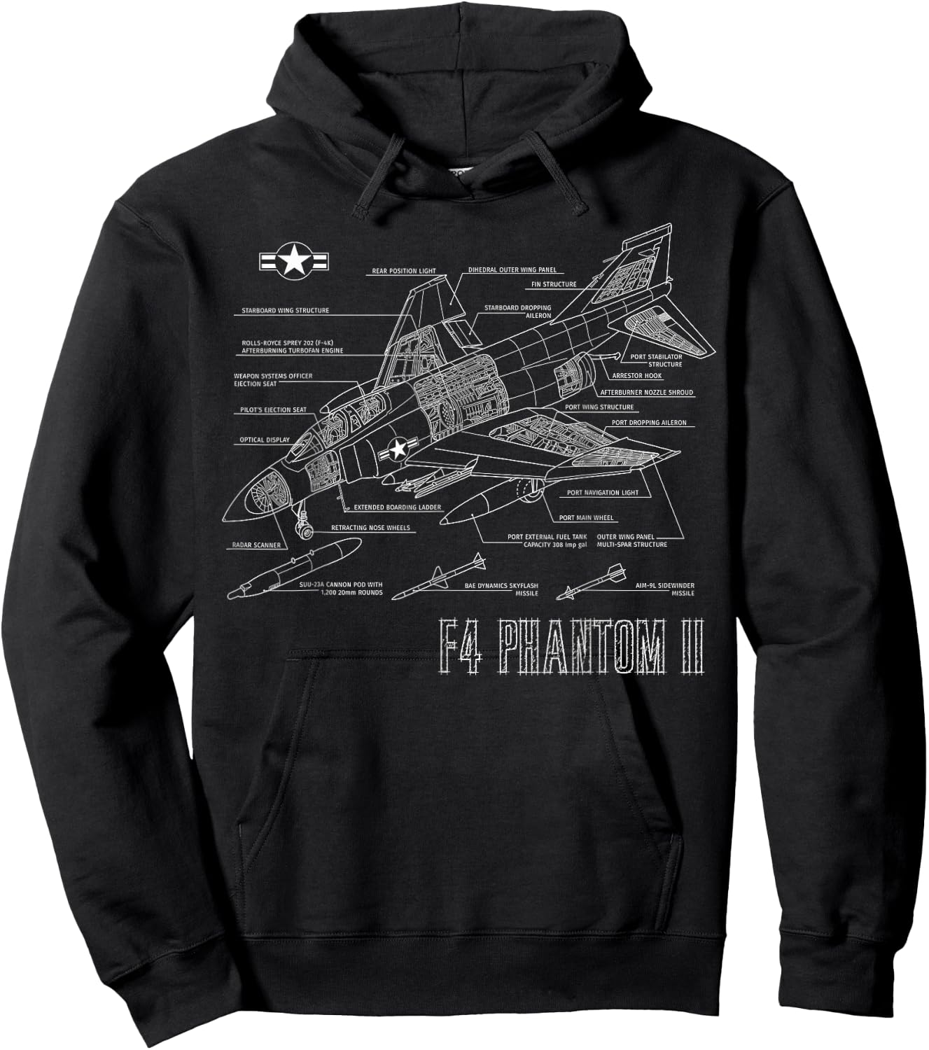 Vintage F4 Phantom II Jet Military Aviation Blueprint Gift Hoodie - Hoodie | Black