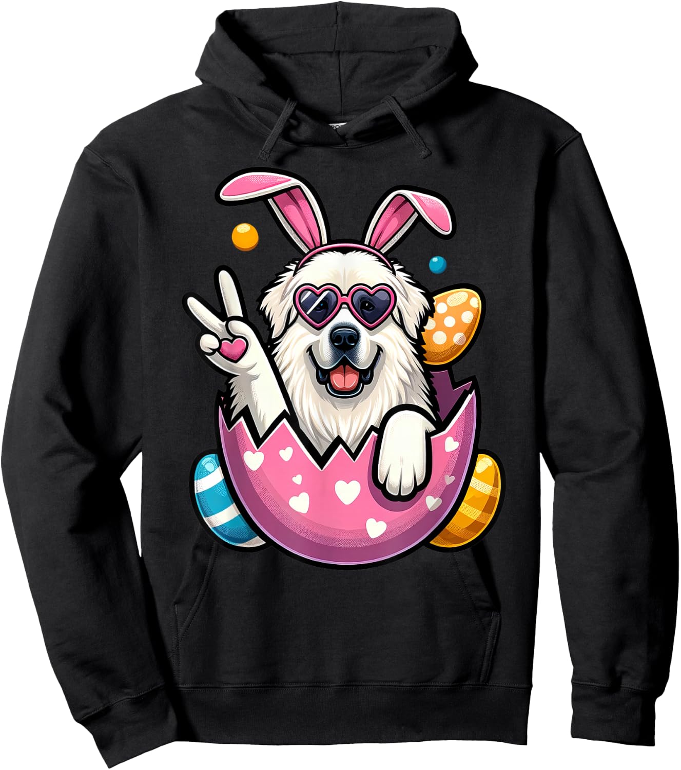 Peace Sign Hand Great Pyrenees Bunny Kids Easter Hoodie - Hoodie | Black