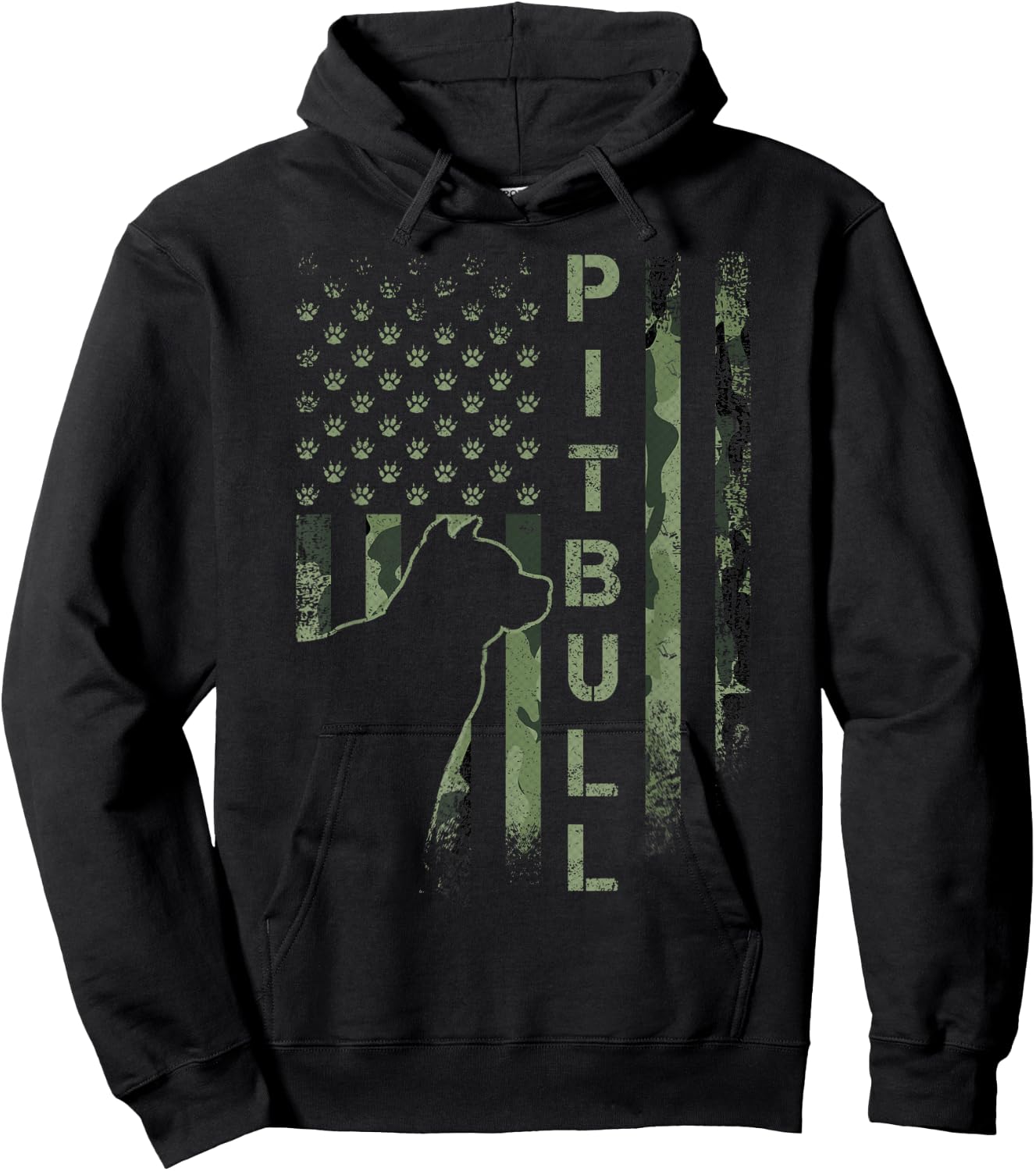 Vintage USA American Camo Flag Pitbull Dog Silhouette Pittie Hoodie - Hoodie | Black