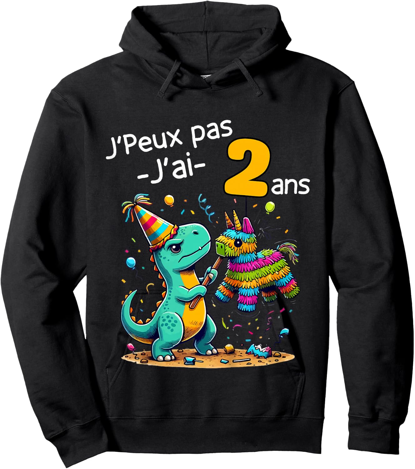 Child Je Peux Pas J'ai 2 Ans Dinosaur Theme Birthday Pinata , grey, 2 Hoodie - Hoodie | Black