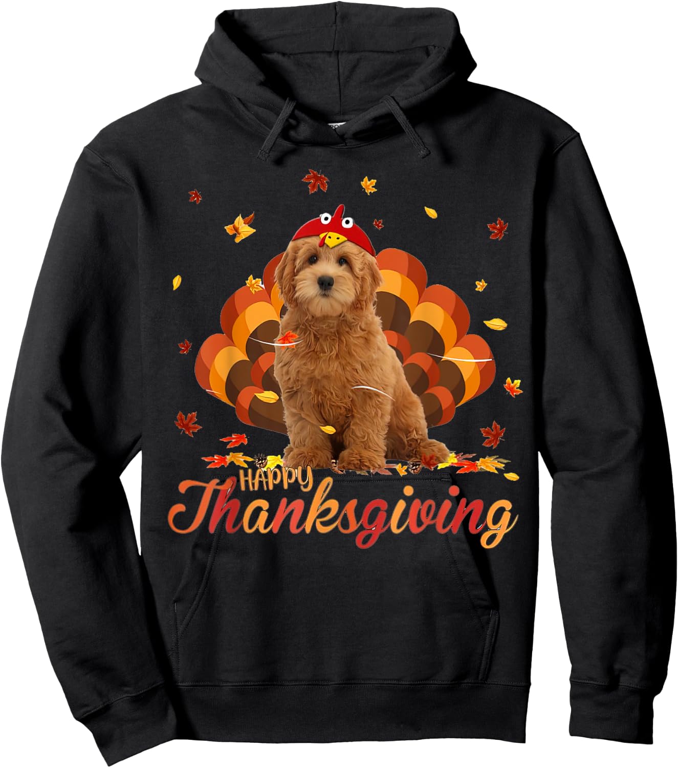 Cute Goldendoodle Happy Thanksgiving Turkey Dog Crispy Leaf Men Women Hoodie - Hoodie | Black