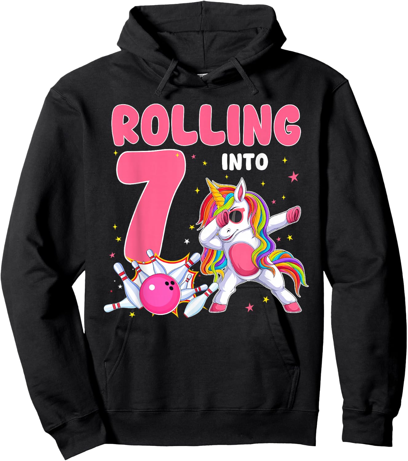 Rolling Into 7 7th Birthday Unicorn Bowling 7 Year Old Hoodie - Hoodie | Black