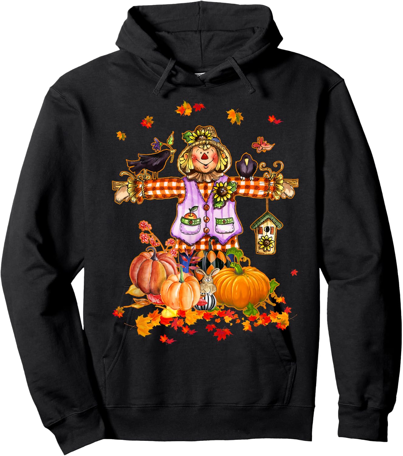 Scarecrow Autumn Hello Fall Pumpkin Thanksgiving Halloween Hoodie - Hoodie | Black