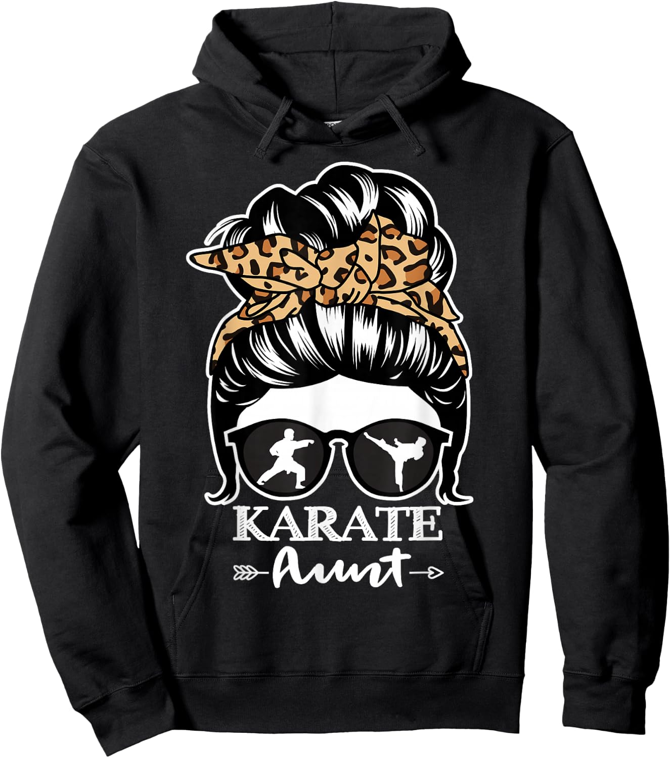 Karate Aunt Messy Bun Hair Funny Karate Fighter Aunt Leopard Hoodie - Hoodie | Black