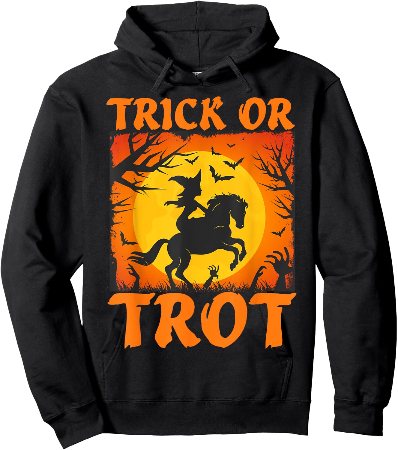 Halloween Horse Lover Witch Riding A Horse Trick or Trot Hoodie - Hoodie | Black