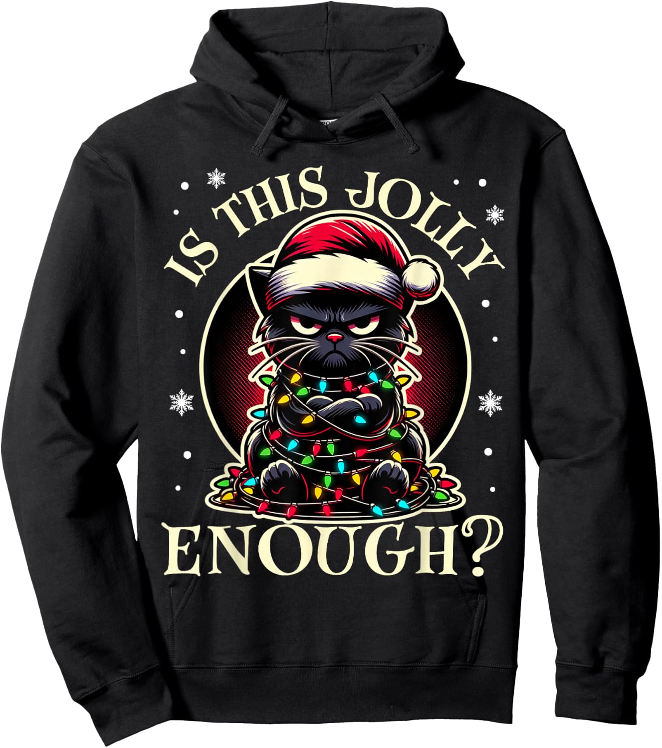 Is This Jolly Enough Funny Black Cat Christmas Tree Lights Hoodie - Hoodie | Black