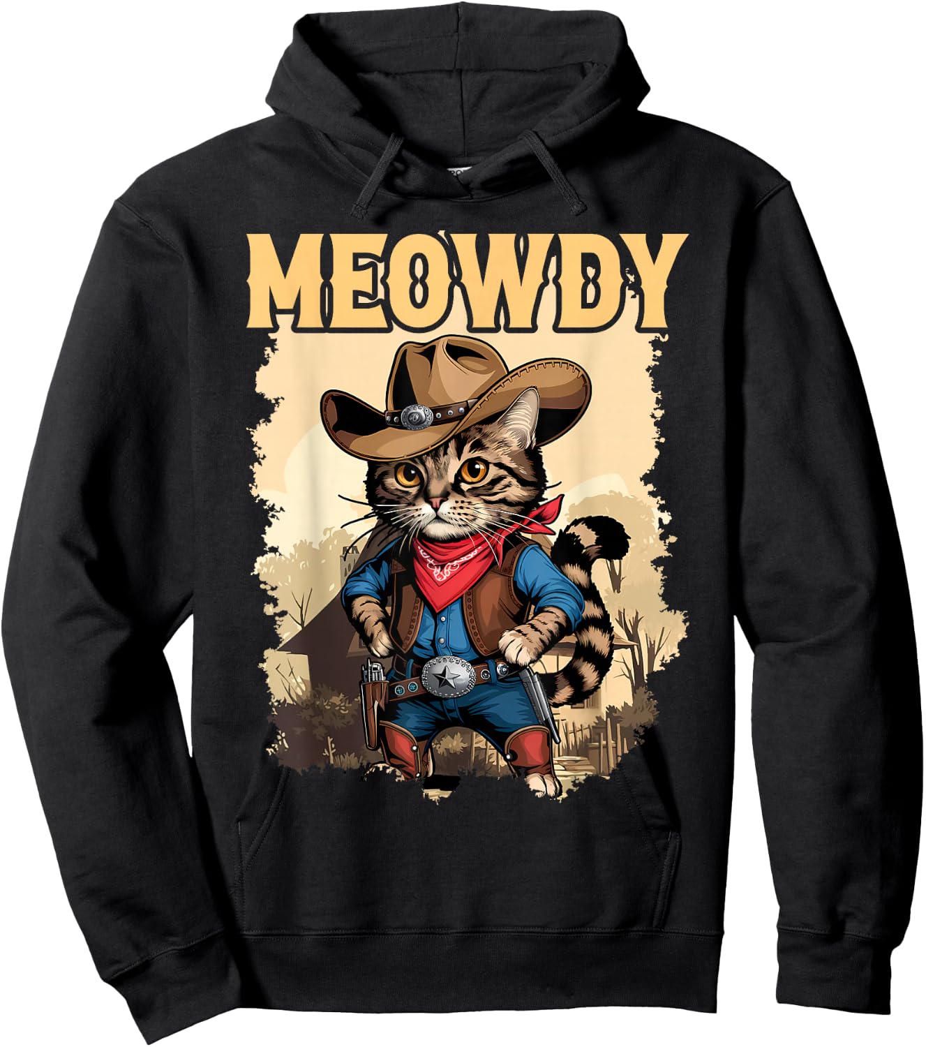 Meowdy Funny Country Side Cat Hat Vintage Cowboy Cat Hoodie - Hoodie | Black