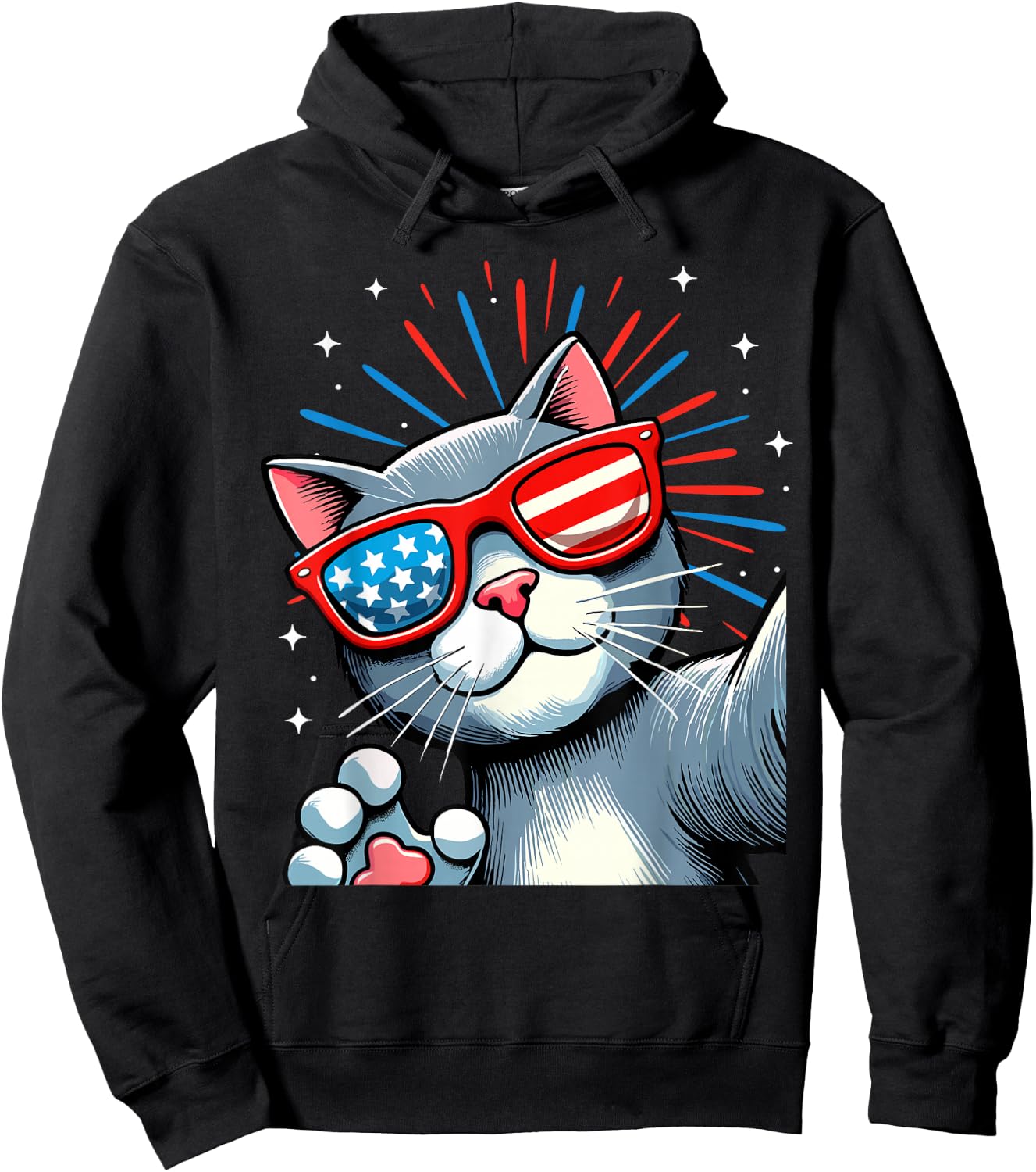Cat Selfie with Fireworks American Flag 4th Of July Women Kids Men Hoodie - Hoodie | Black