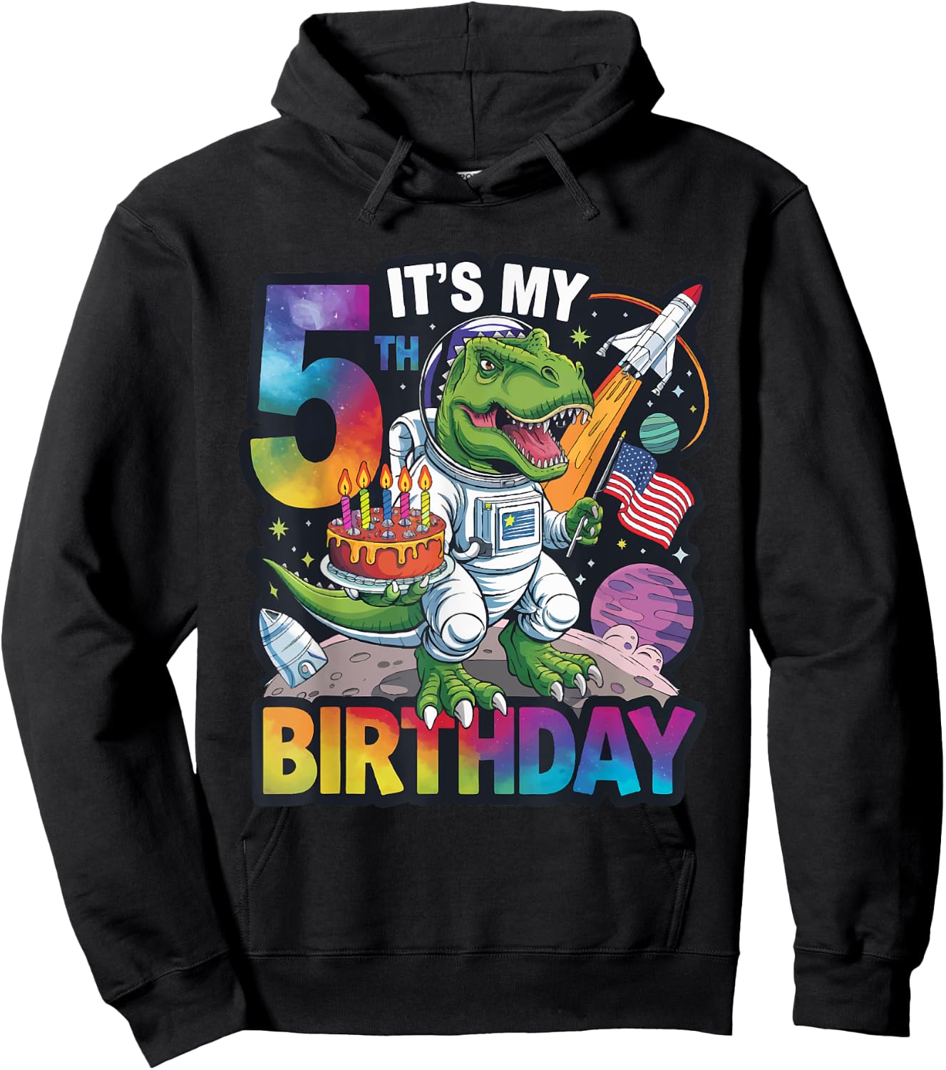 5th Birthday Dinosaur Astronaut T-Rex Space Kids Party Hoodie - Hoodie | Black