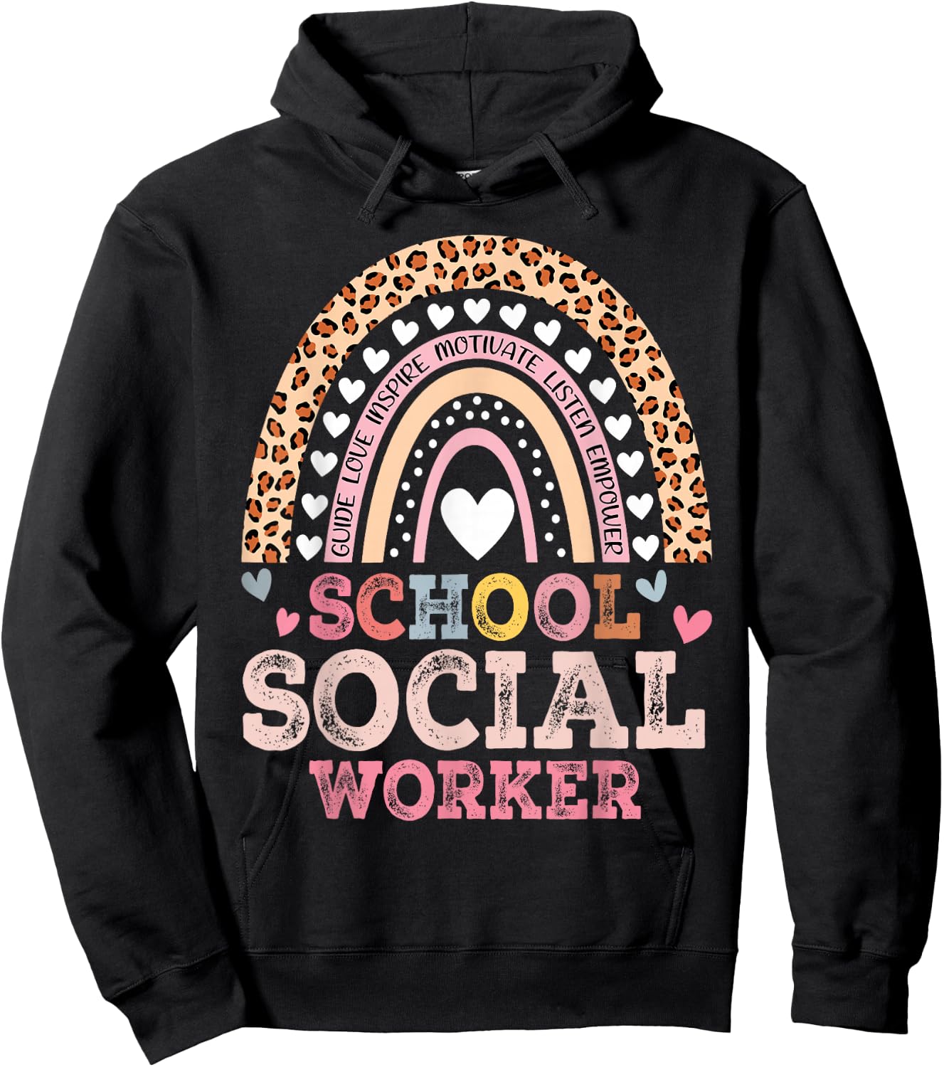 School Social Worker Rainbow Leopard Print Funny Social Work Hoodie - Hoodie | Black