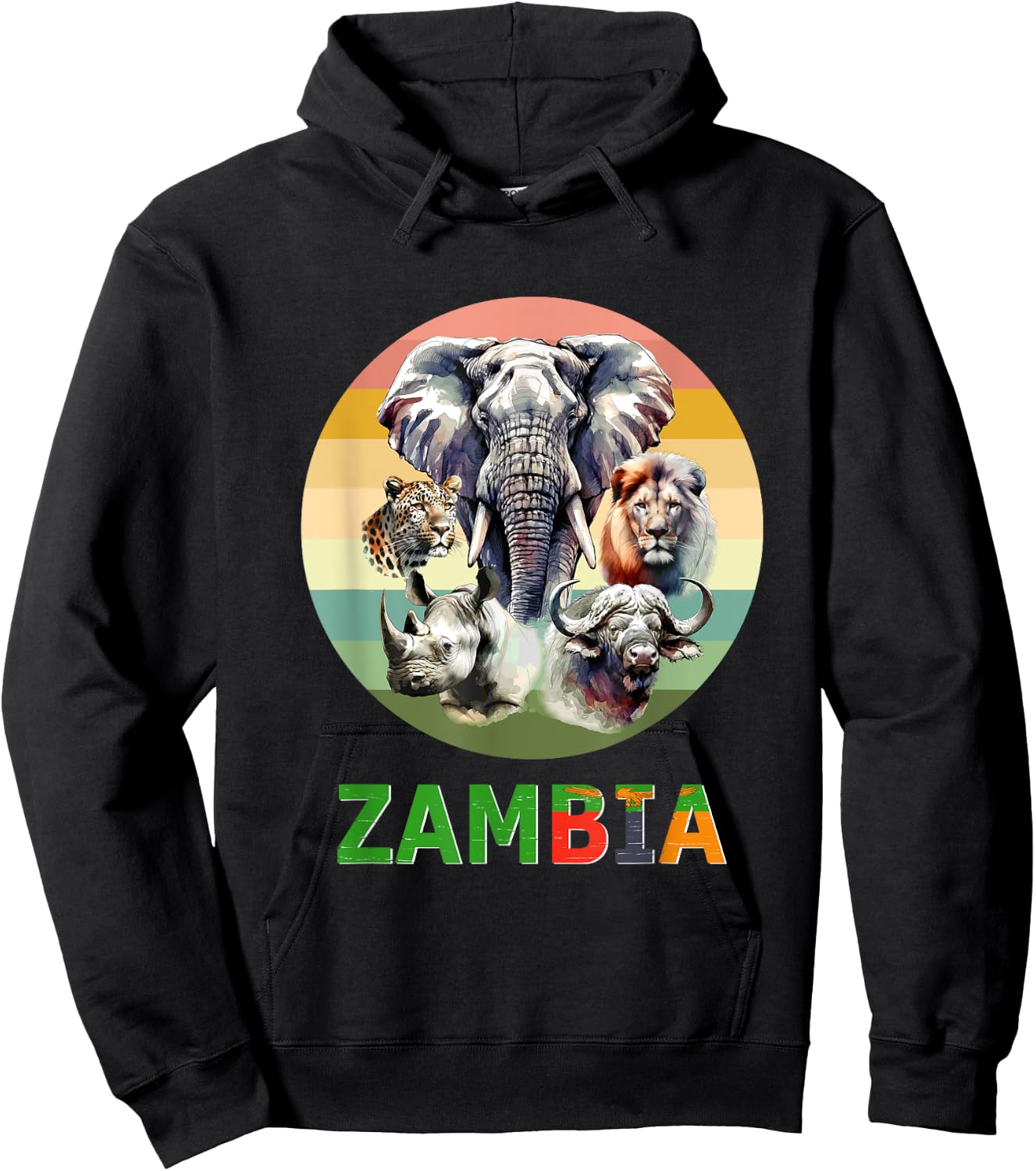 Zambia Big-5 Watercolor on Retro Sunset for Zambia Fans Hoodie - Hoodie | Black