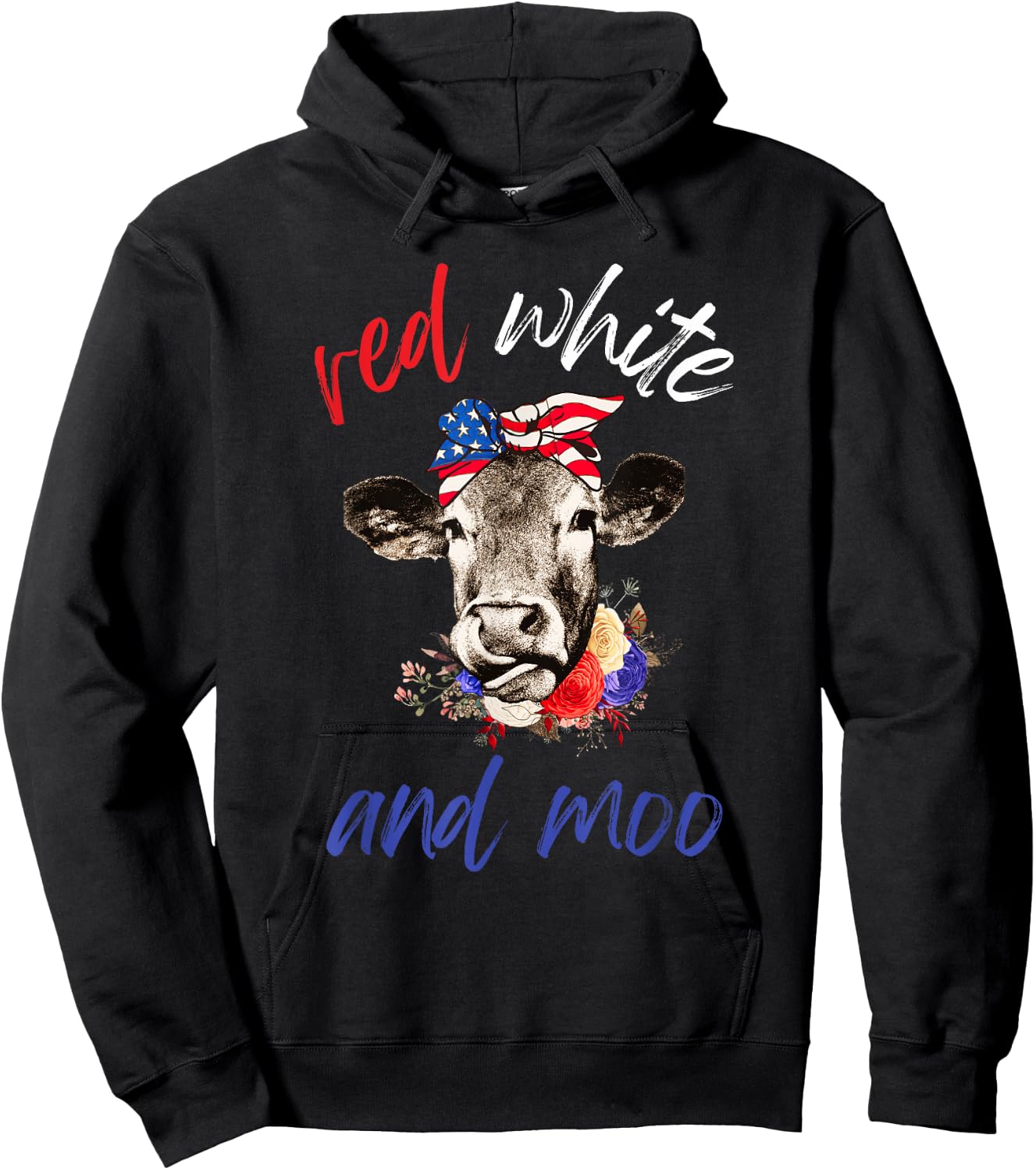 Red White and Moo Patriotic Cow USA Flag Funny 4th of July Hoodie - Hoodie | Black