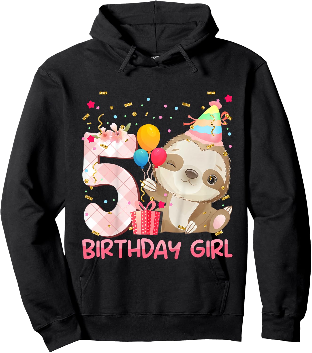 5 Year Old Sloth Girl Party Cute Sloth Lover 5th Birthday Hoodie - Hoodie | Black