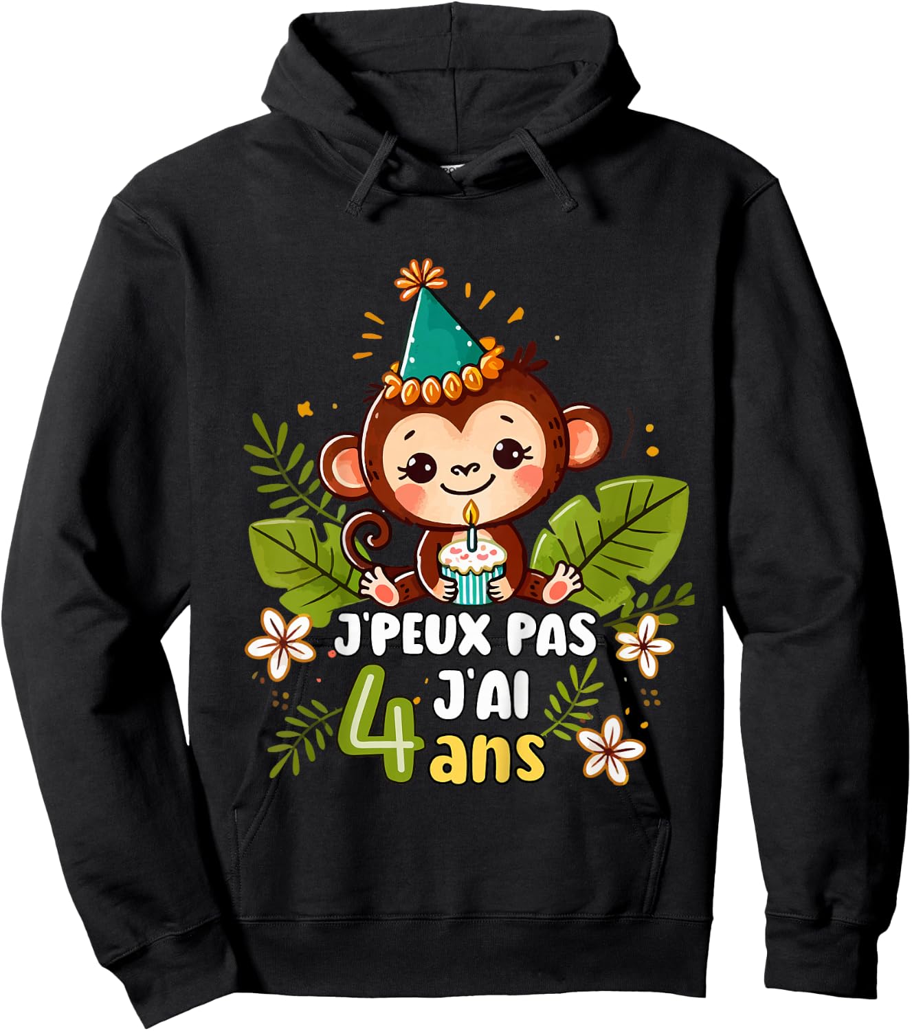 Child Je Peux Pas J'ai 4 Years Birthday Jungle Monkey Boy Green , Green, 2 Hoodie - Hoodie | Black
