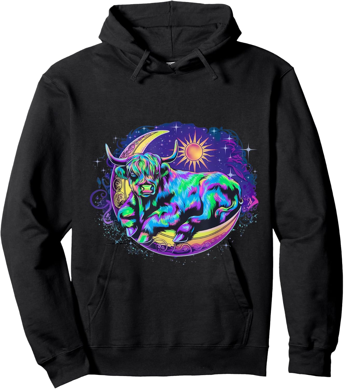 Dreamy Highland Cow Lounging on Crescent Moon Cow Over Moon Hoodie - Hoodie | Black