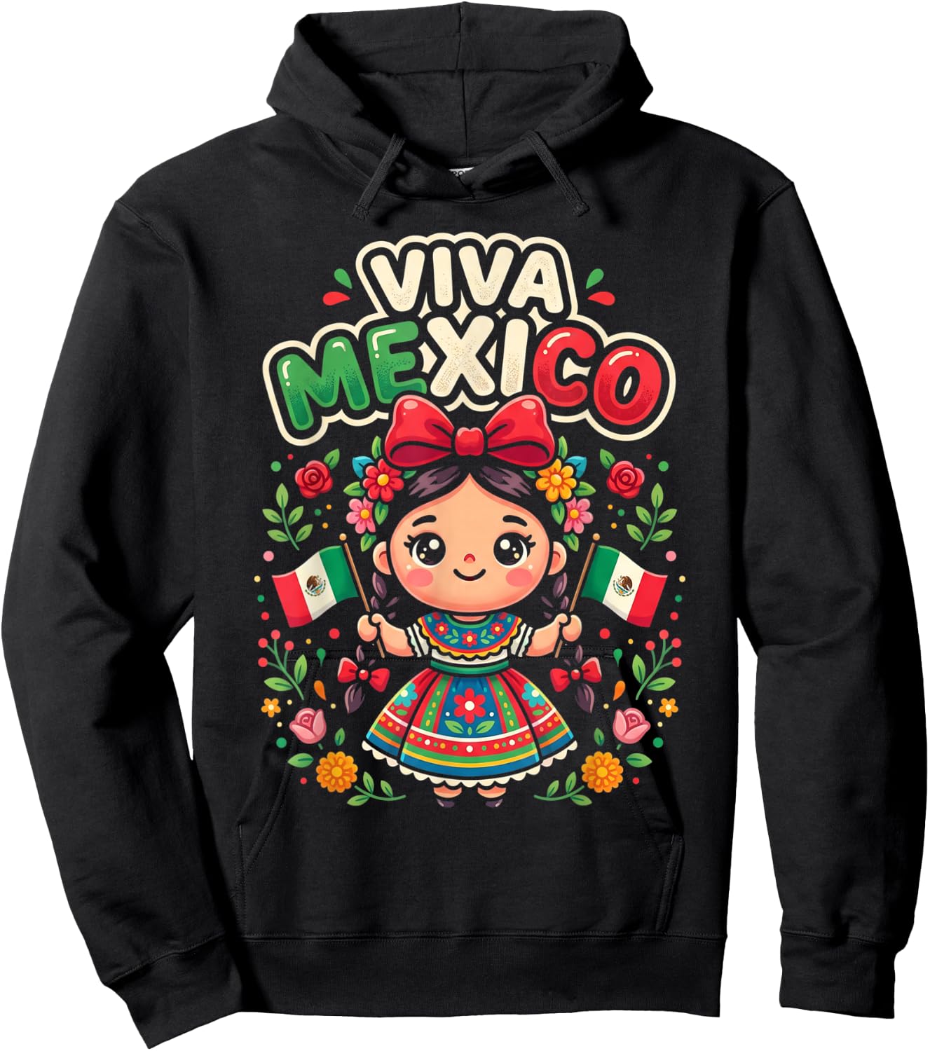 Viva Mexico Mexican Girl Flag Independence Day Girls Kids Hoodie - Hoodie | Black