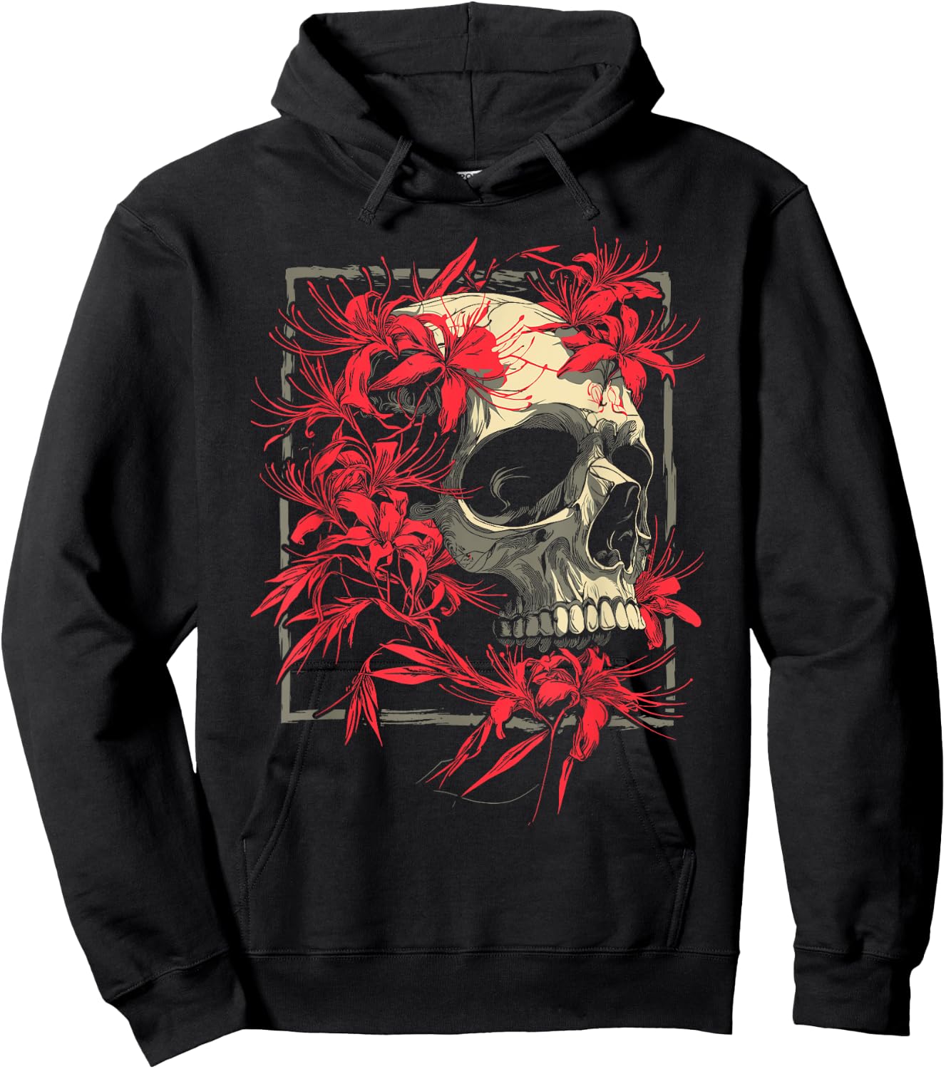 Red Spider Lily Flower Skull Skeleton Japanese Anime Otaku Hoodie - Hoodie | Black