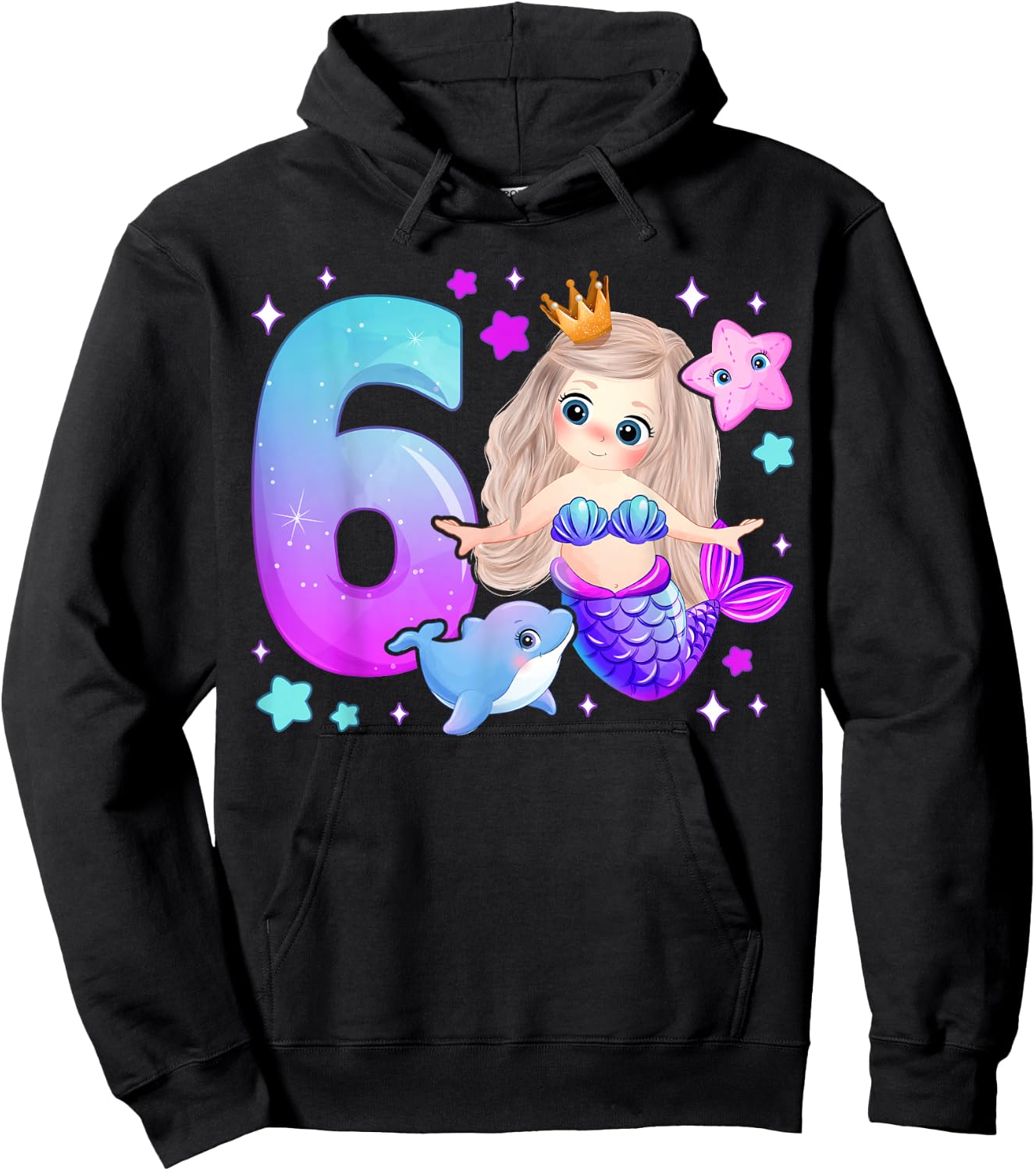 6th Birthday Girl 6 Years, Mermaid, Number 6 Hoodie - Hoodie | Black